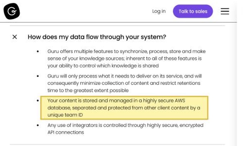Guru's security page stating that customer content is stored and managed in a highly secure AWS database, with no mainland-China region named anywhere.