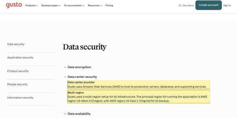 Gusto's own Security page, 'Data center security' section, stating that Gusto uses Amazon Web Services to host its production servers, databases and supporting services, with the principal region in AWS US-West-2 (Oregon) and backup in AWS US-East-1 (Virginia) — naming no mainland-China region