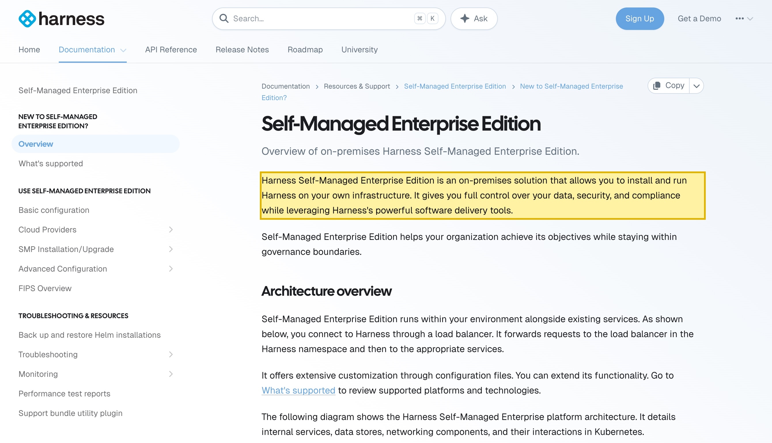 Harness's own Self-Managed Enterprise Edition overview on developer.harness.io, stating that Harness Self-Managed Enterprise Edition is an on-premises solution that allows you to install and run Harness on your own infrastructure, that it runs within your environment alongside existing services, that it offers offline and air-gapped capabilities, and that it keeps data within your own network perimeter.