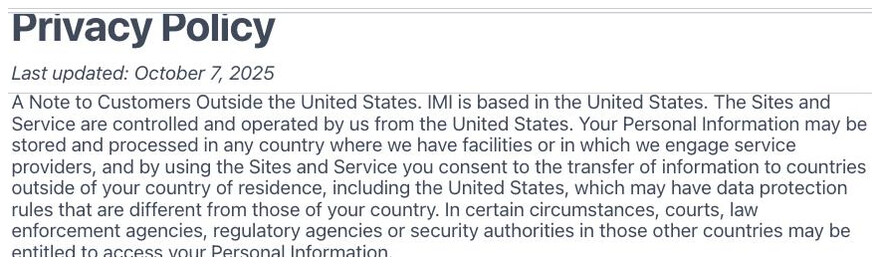 hCaptcha's Privacy Policy, section 'A Note to Customers Outside the United States', stating that Intuition Machines is based in the United States and that the Sites and Service are controlled and operated from the United States — with no mainland-China data residency named