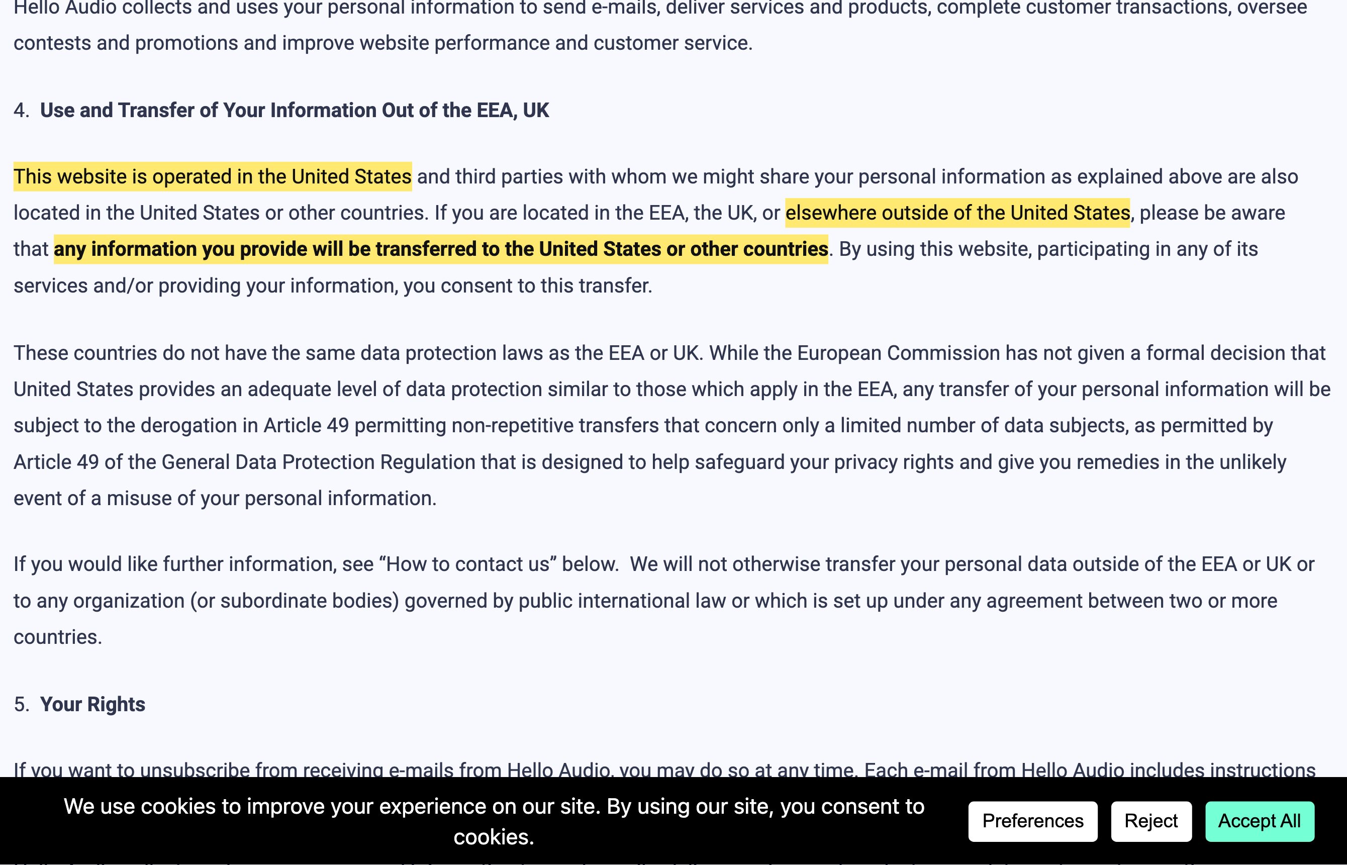 Hello Audioのプライバシーポリシー。ウェブサイトが米国で運営され、米国外の利用者からの情報は米国その他の国へ移転されると記載