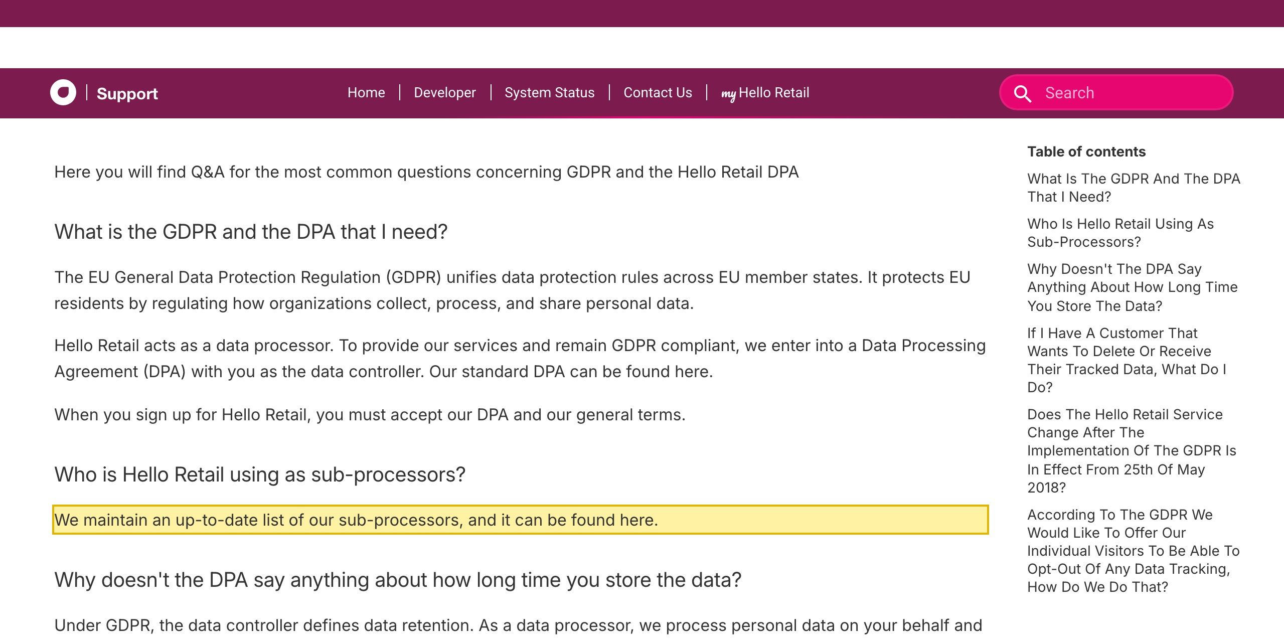 Hello RetailのGDPR FAQサポートページの「Who is Hello Retail using as sub-processors?」の見出しの下で、Hello RetailがEU GDPRの下でサブプロセッサーの最新の一覧を維持していると記載