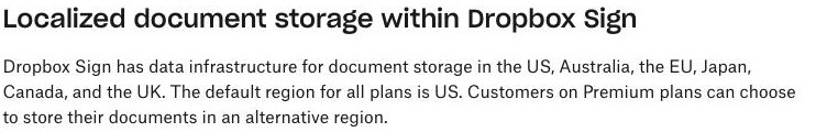 Dropbox Sign data residency help page listing document-storage regions as the US, Australia, the EU, Japan, Canada and the UK — with the US as the default and no region inside mainland China