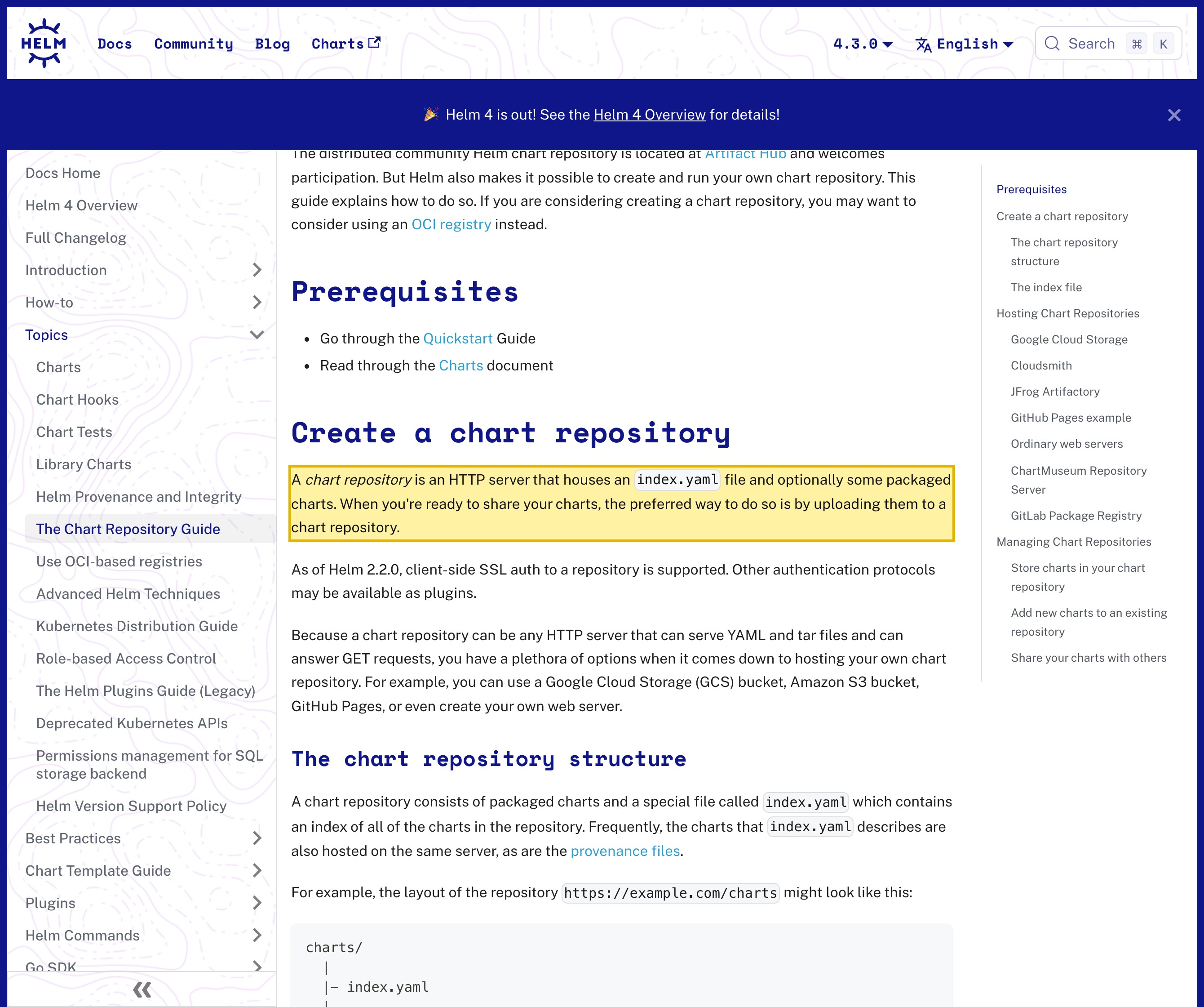Helm official documentation, The Chart Repository Guide, defining a chart repository as an HTTP server that houses an index.yaml file and optionally some packaged charts, and stating that Helm makes it possible to create and run your own chart repository — confirming that a self-hosted, in-country chart repository is a documented, first-class path