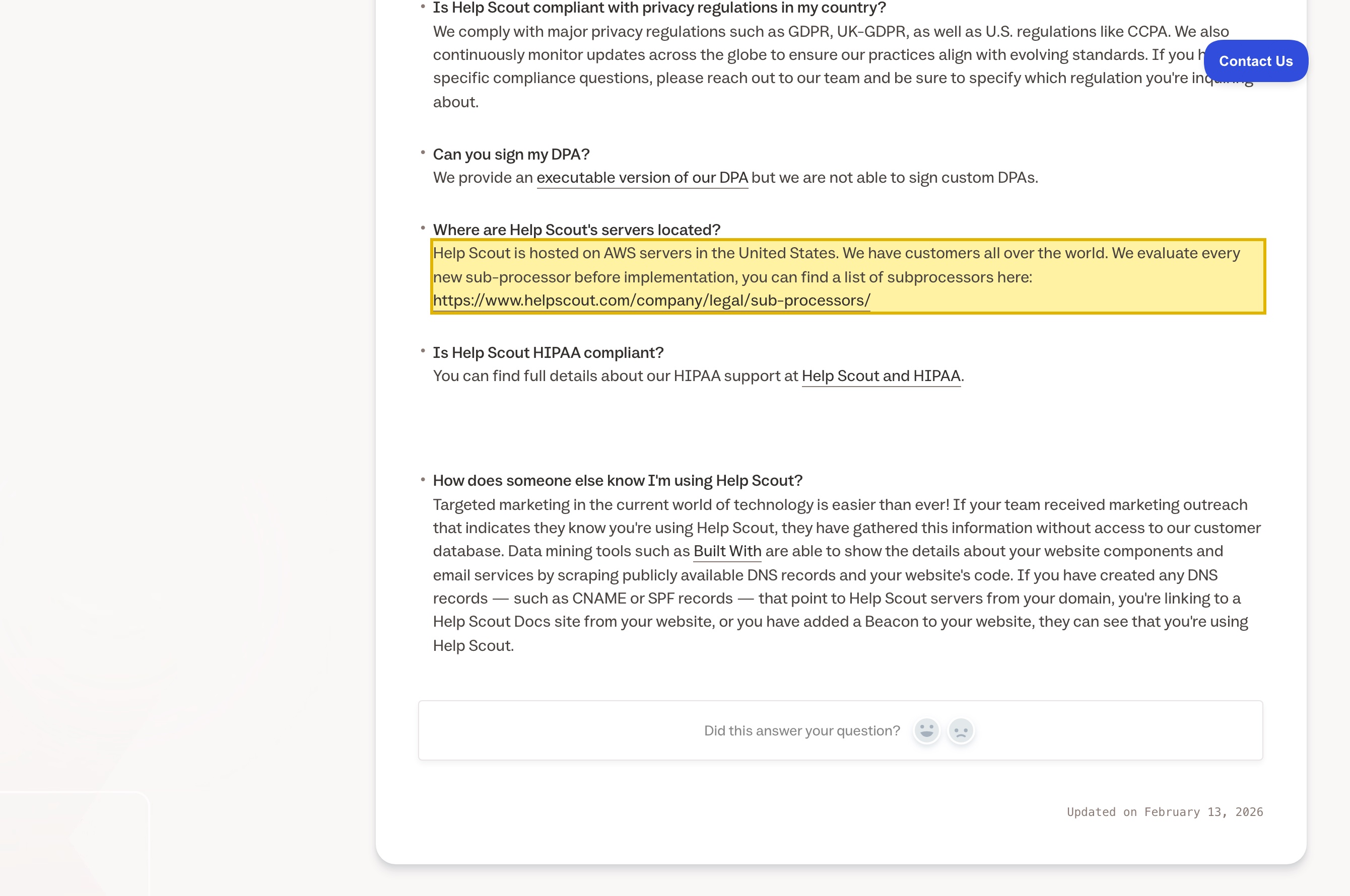 Help Scout's Security documentation stating 'Help Scout is hosted on AWS servers in the United States,' naming no mainland-China region