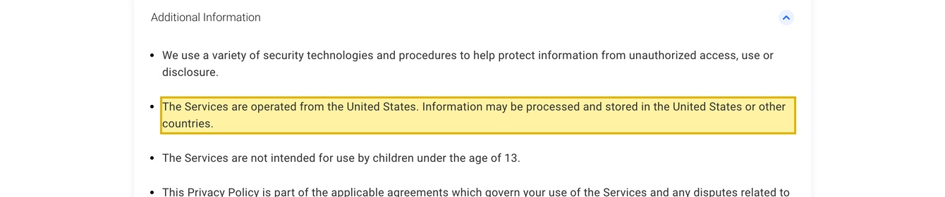Hive's own privacy policy stating that its services are operated from the United States and that information may be processed and stored in the United States or other countries, naming no mainland-China region