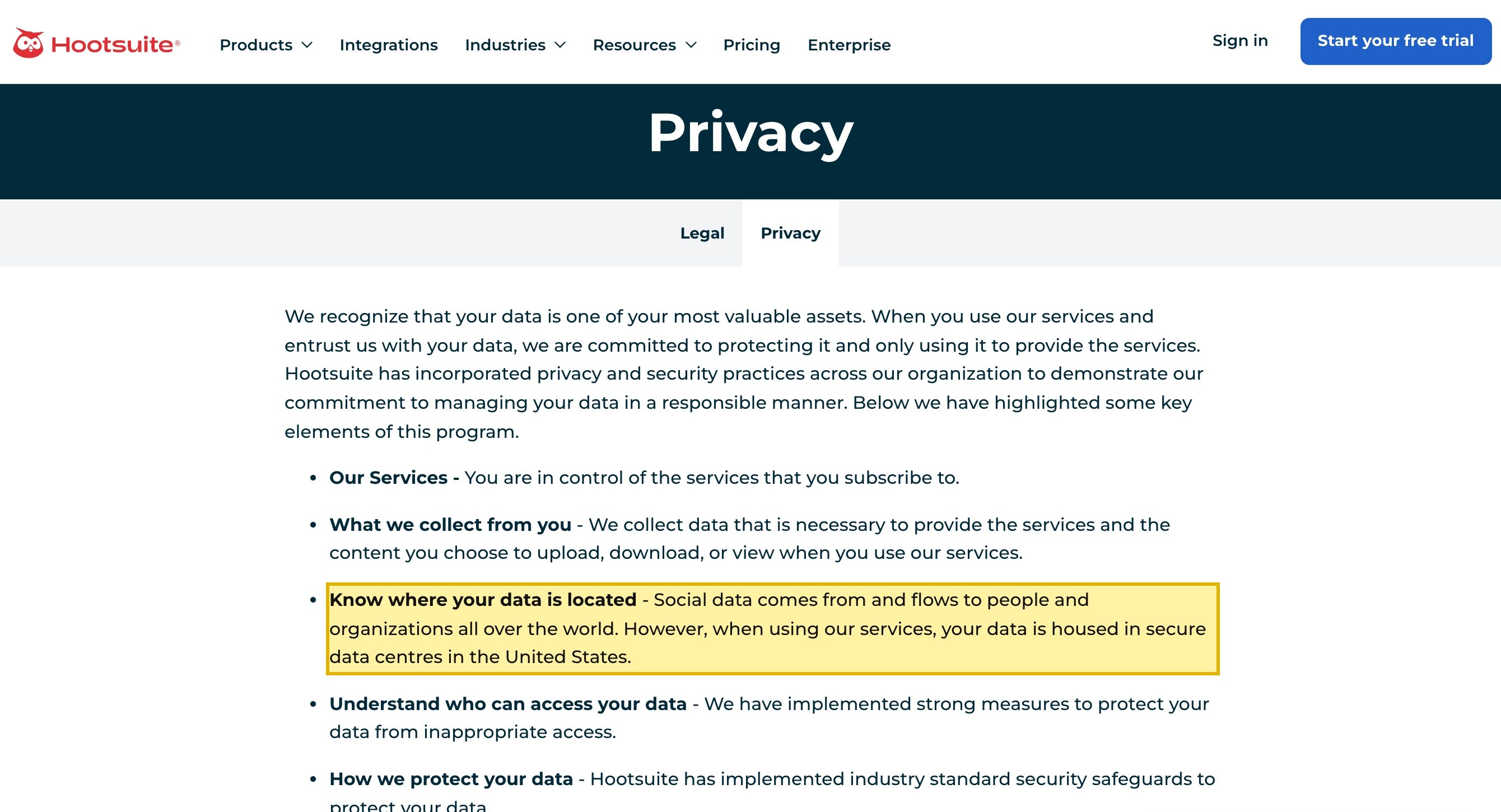 Hootsuite's Trust Center privacy page, 'Where Your Data is Located' section, stating that customer content is housed in secure data centres in the United States on Amazon Web Services, with no mainland-China region named