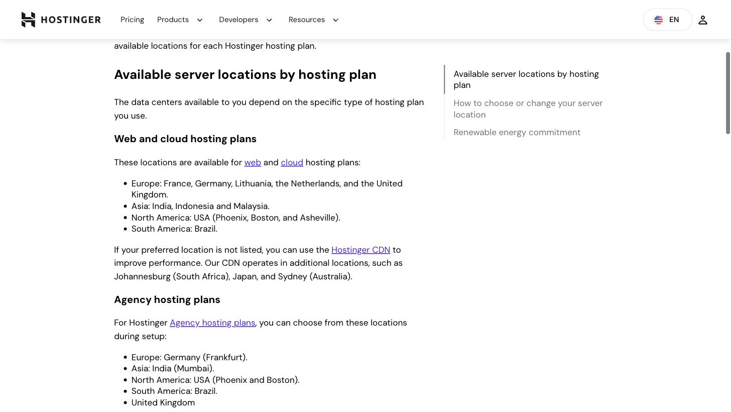 Hostinger Help Center page 'Where are Hostinger servers located?' listing data centers in France, Germany, Lithuania, the Netherlands, the United Kingdom, India, Indonesia, Malaysia, the USA and Brazil — with no mainland-China location