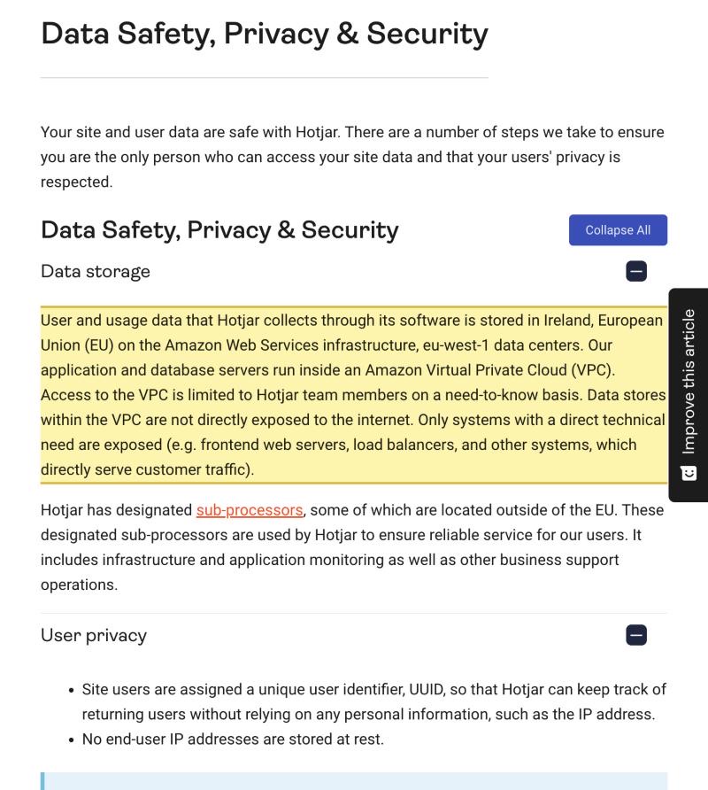Hotjar Data Safety, Privacy & Security documentation, Data storage section, stating that user and usage data is stored in Ireland, European Union on Amazon Web Services eu-west-1 data centers