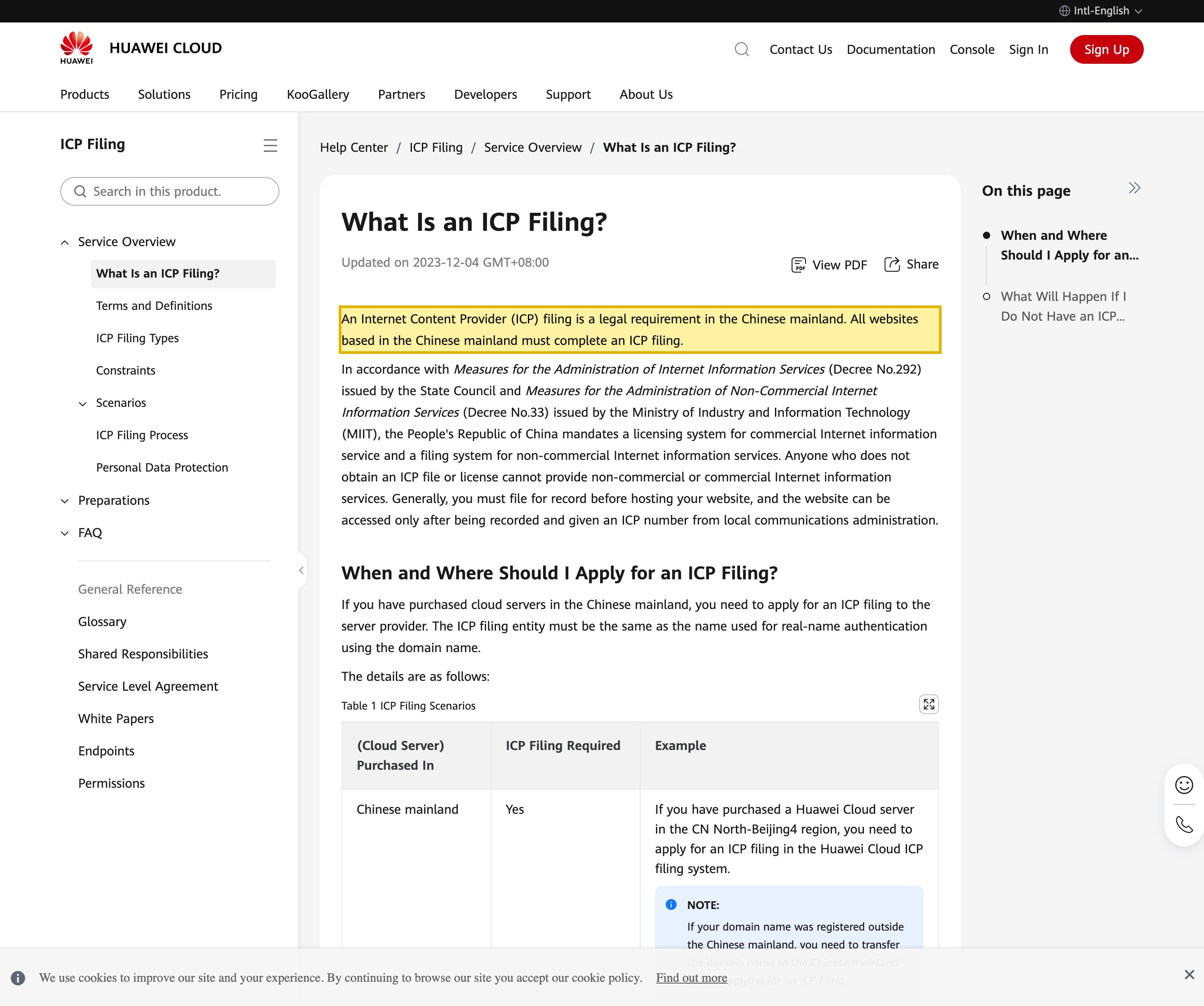 Huawei Cloud's ICP Filing service-overview documentation, 'What Is an ICP Filing?', stating that an ICP filing is a legal requirement in the Chinese mainland and that sites hosted on Huawei Cloud servers in the Chinese mainland must apply for a filing