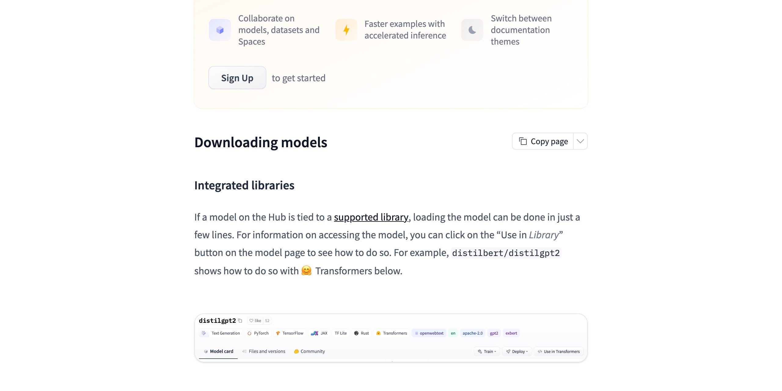 Hugging Face Hub documentation page 'Downloading models' showing that a model or dataset download requires reaching separate storage and CDN hostnames beyond huggingface.co, with a table of hosts labeled US and EU, and a note that downloads fail if those hosts are not reachable even when huggingface.co is allowlisted