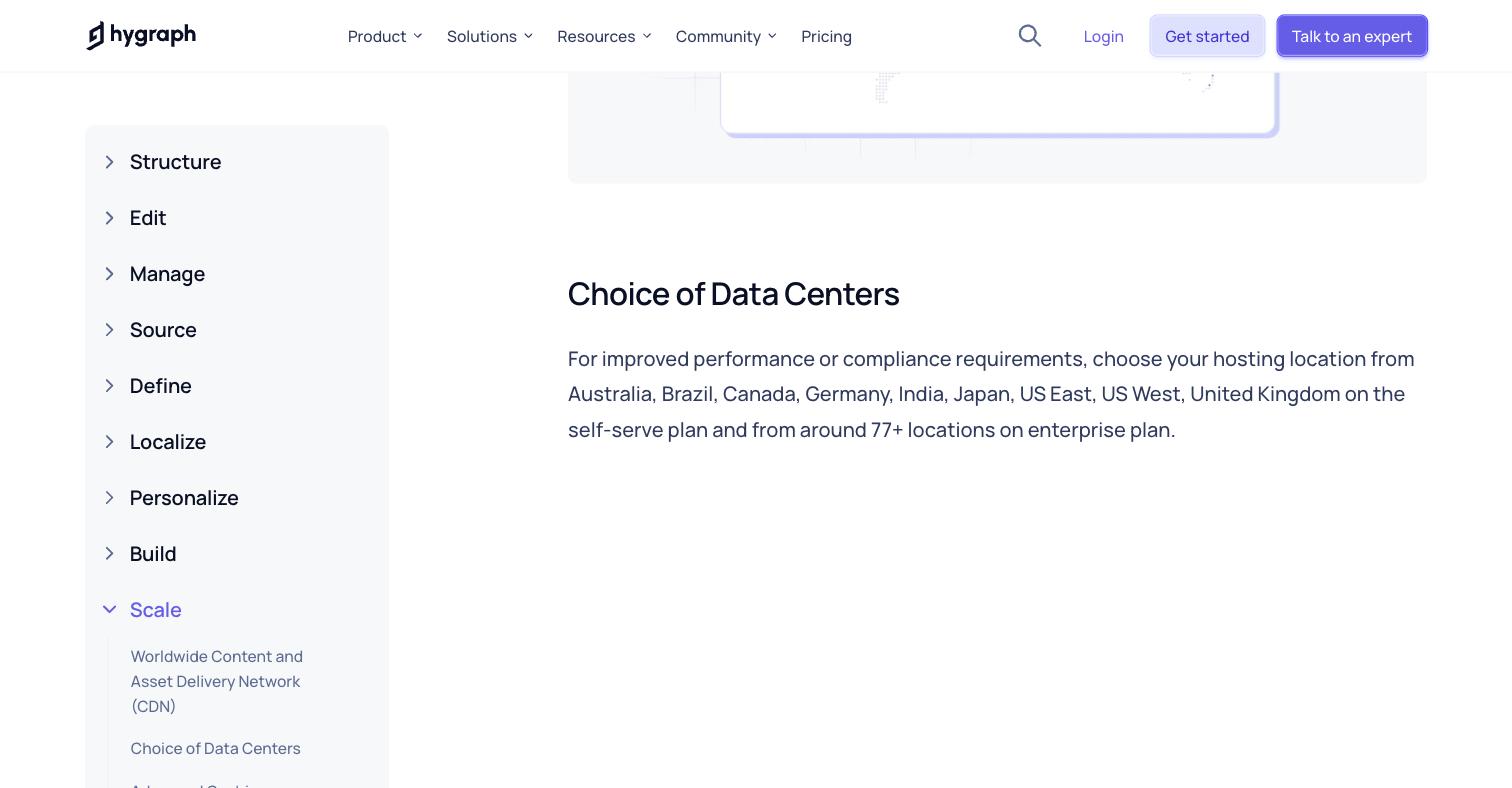 Hygraph's Scalability page, Choice of Data Centers section, listing self-serve regions Australia, Brazil, Canada, Germany, India, Japan, US East, US West, United Kingdom, and enterprise access to around 77+ locations — with no mainland-China region