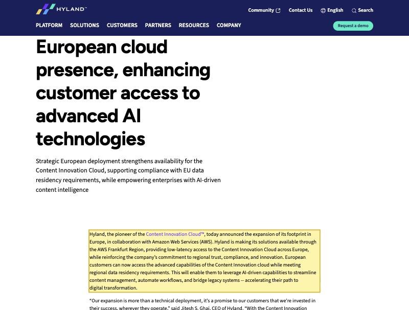 Hyland's own newsroom release announcing the expansion of its Content Innovation Cloud through the AWS Frankfurt Region for Europe, while meeting regional data residency requirements