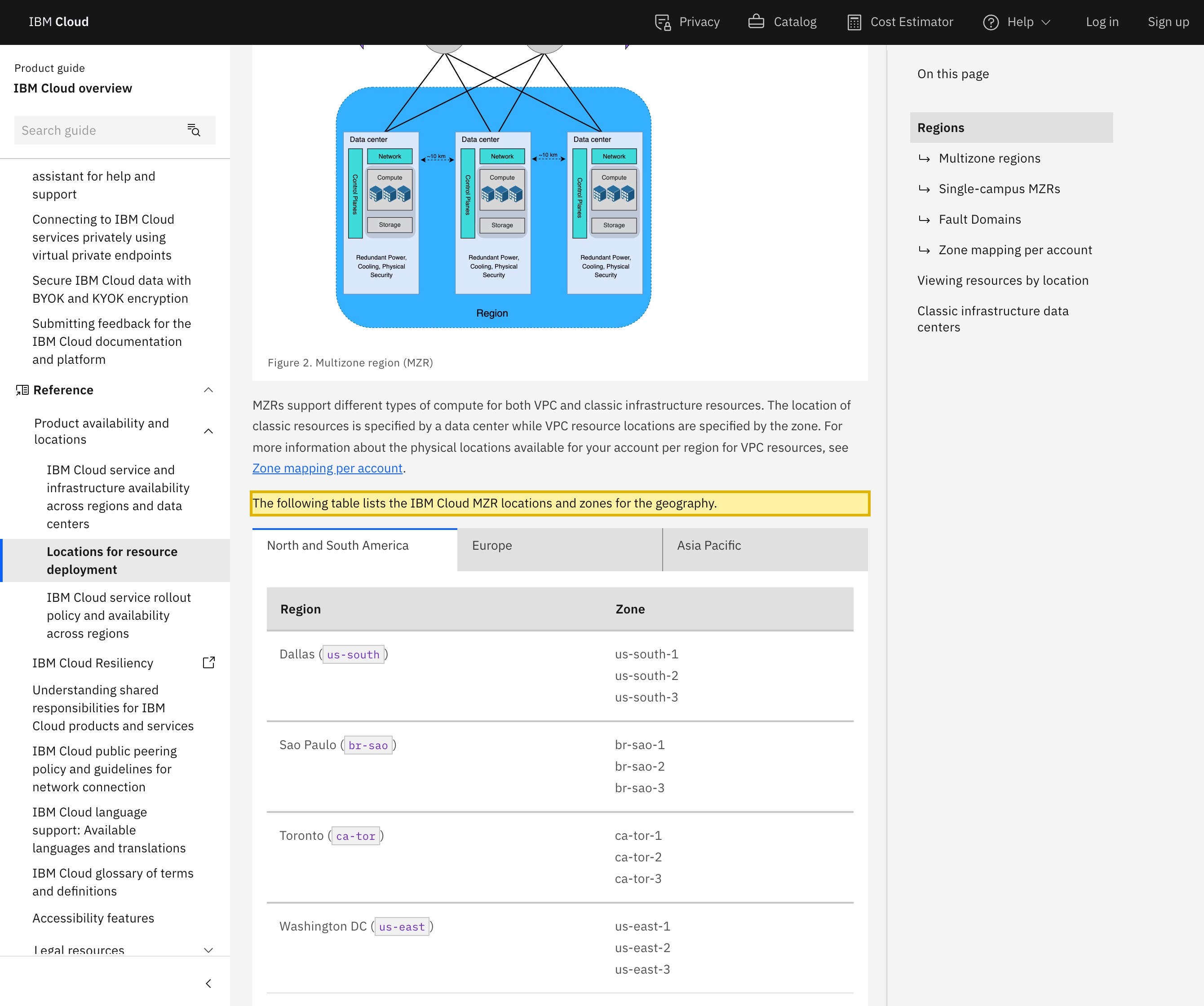 IBM Cloud's own locations documentation showing its multizone regions across the Americas, Europe and Asia-Pacific — with no mainland-China region listed
