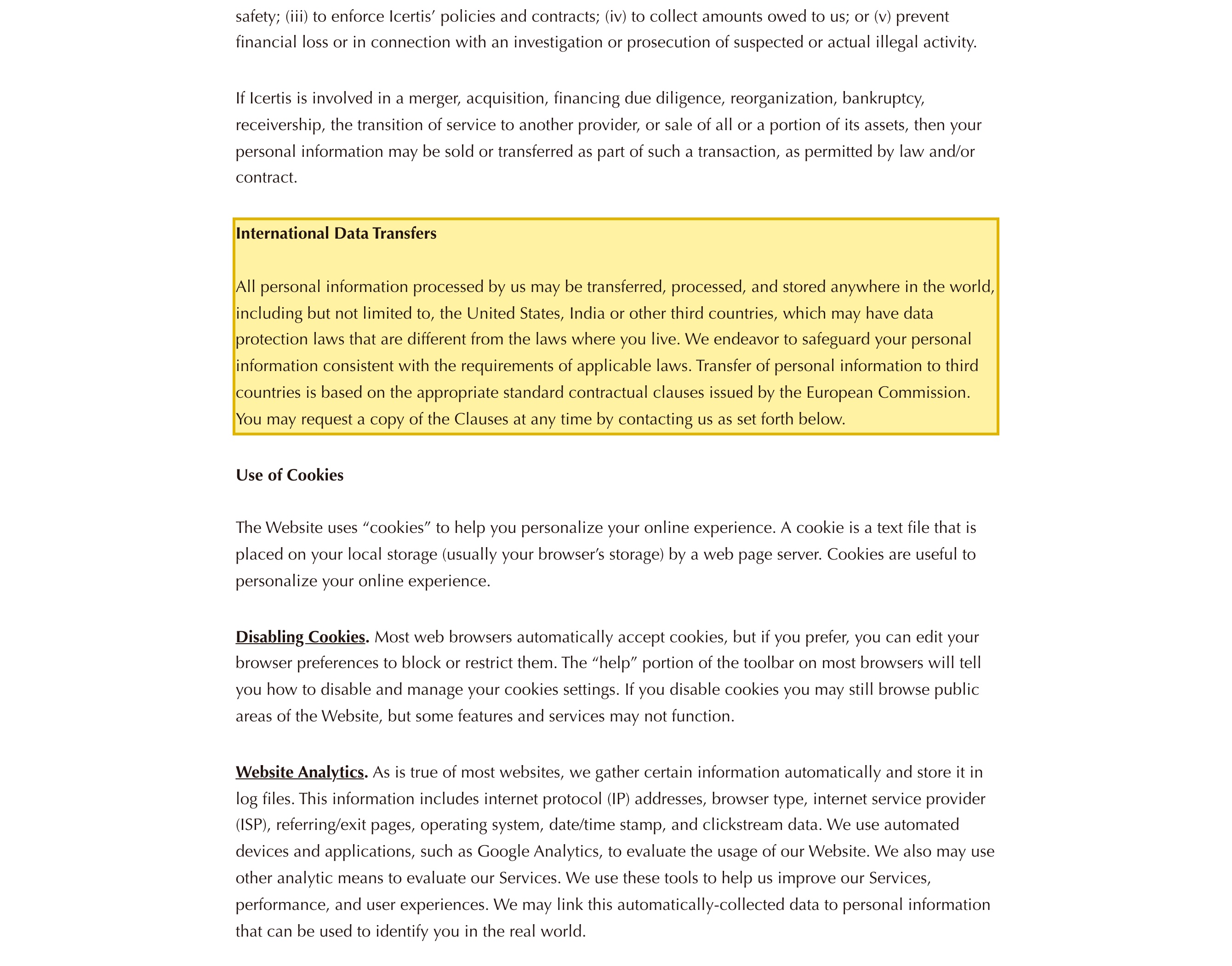 Icertis Privacy Statement, International Data Transfers section, stating that all personal information processed by Icertis may be transferred, processed, and stored anywhere in the world, including the United States, India or other third countries, with no mainland-China region