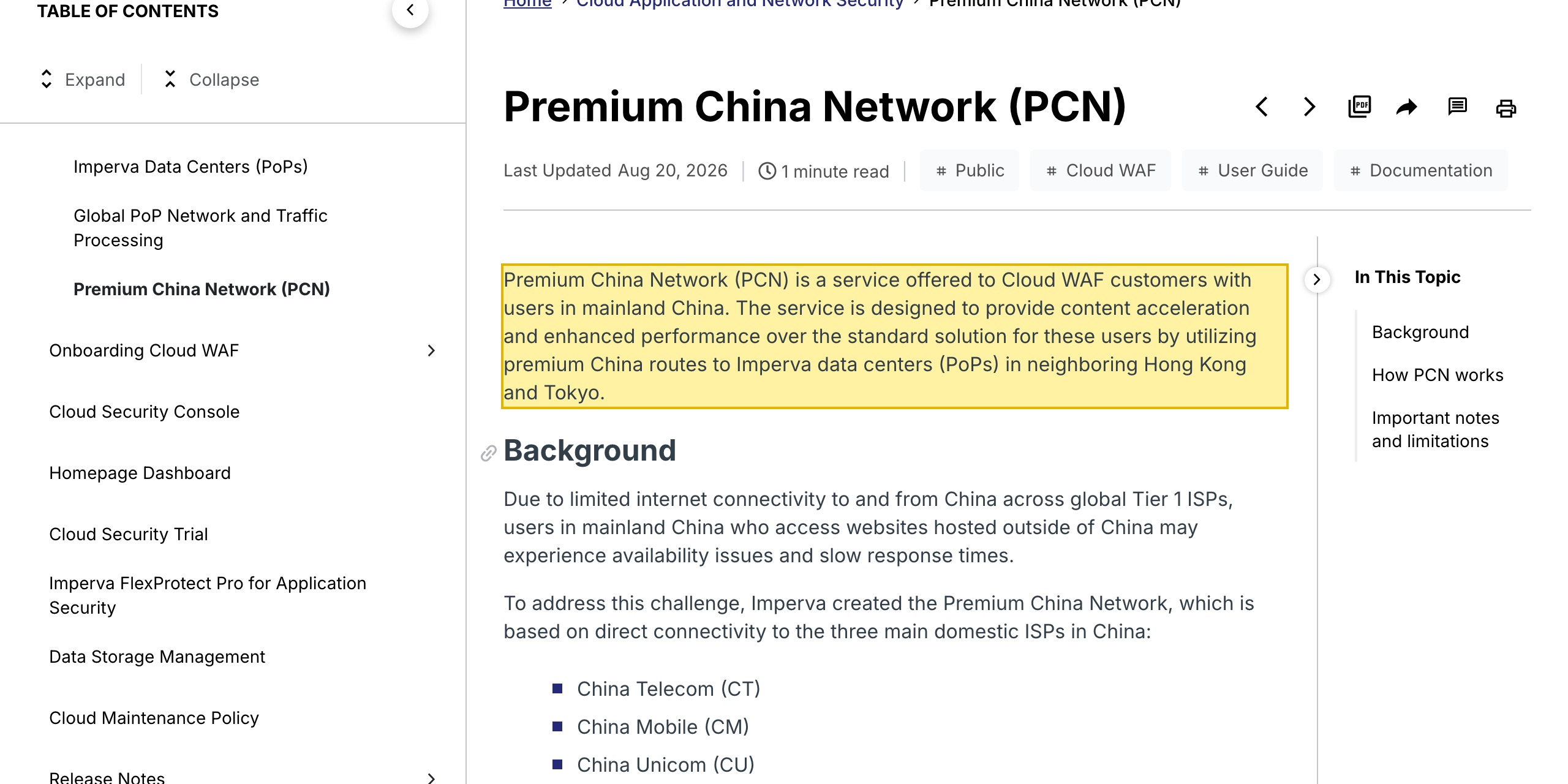 Imperva's Premium China Network documentation page, stating the service routes mainland-China users to Imperva data centers (PoPs) in neighboring Hong Kong and Tokyo, with no data center inside mainland China