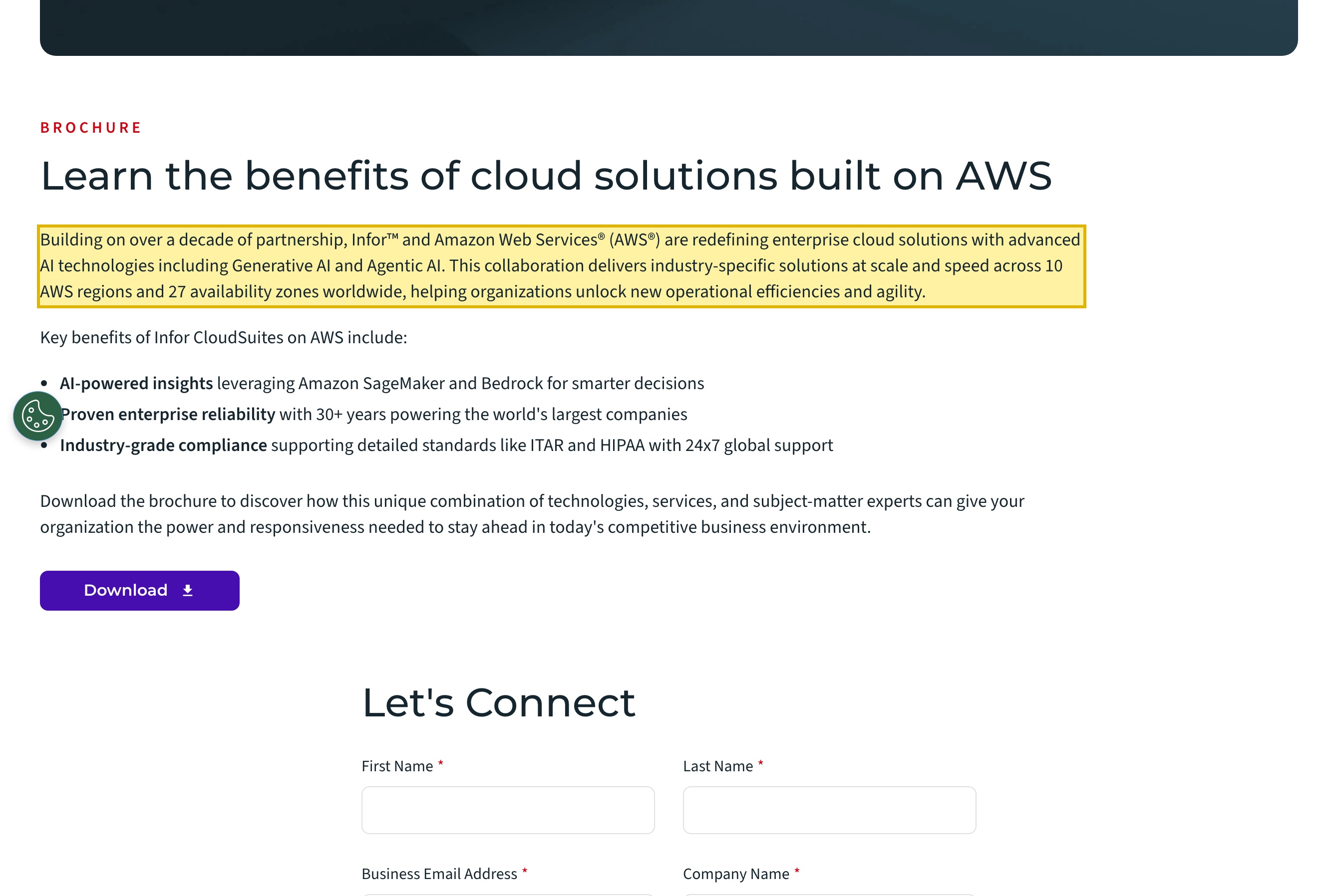 Infor's own CloudSuites-on-AWS page highlighting that the Infor and Amazon Web Services collaboration delivers industry-specific solutions at scale and speed across 10 AWS regions and 27 availability zones worldwide, with no mainland-China region