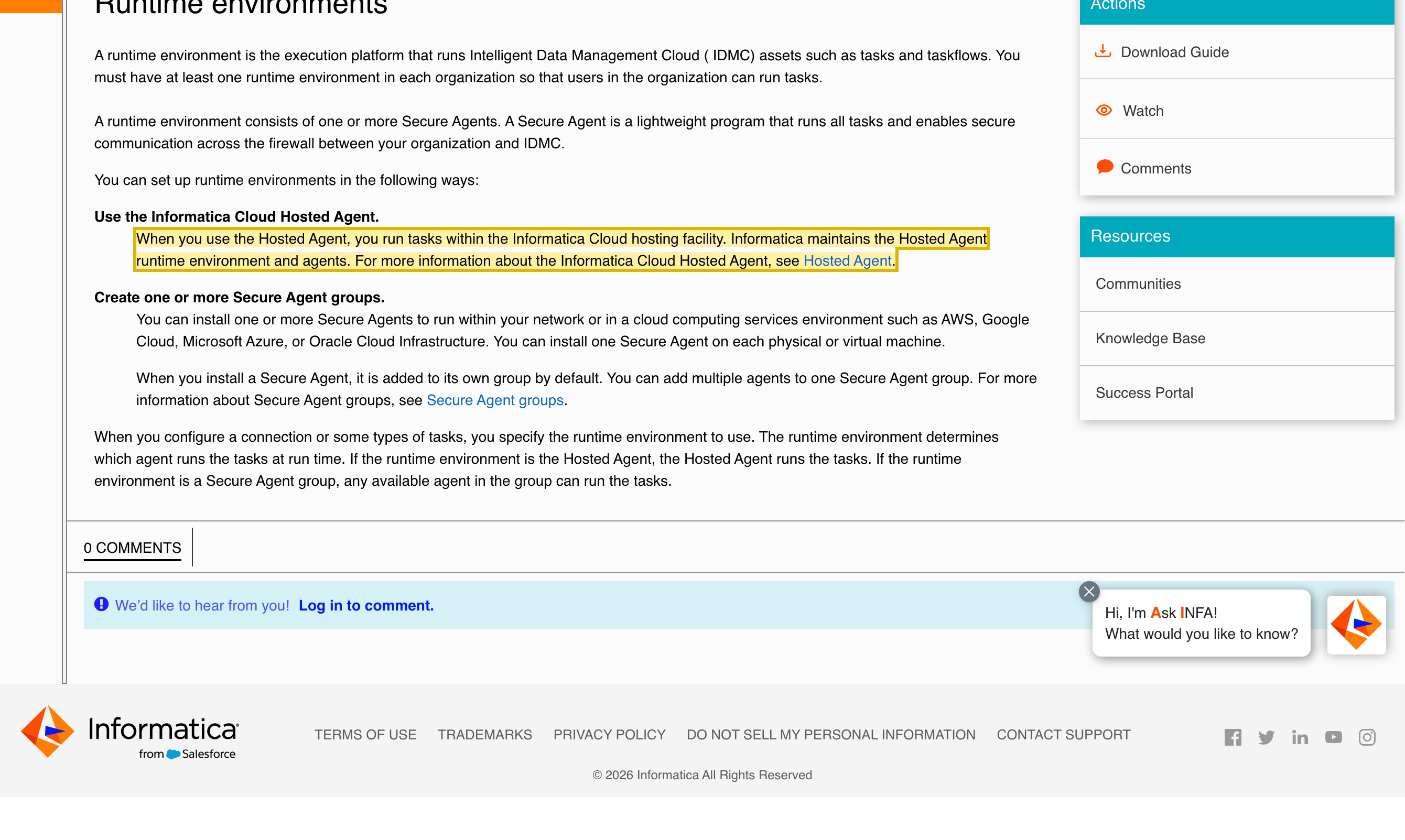 Informatica's own IDMC documentation, the 'Runtime environments' page, stating that with the Hosted Agent you run tasks within the Informatica Cloud hosting facility, and that a Secure Agent can be installed to run within your own network or in an AWS, Google Cloud, Microsoft Azure or Oracle Cloud Infrastructure environment — naming no mainland-China hosting facility