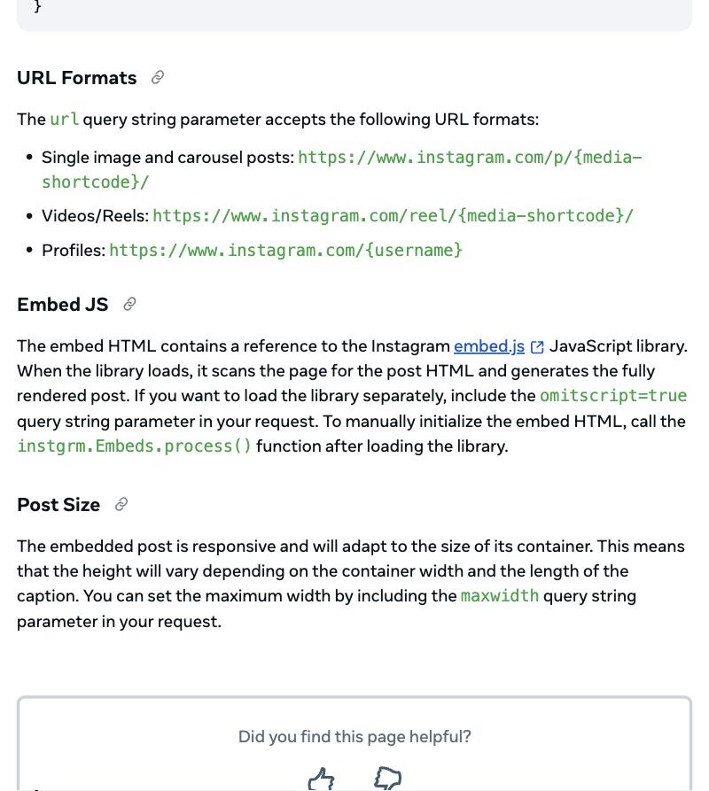 Meta for Developers 'Embed an Instagram Post' documentation, 'Embed JS' section, stating that the embed HTML contains a reference to the Instagram embed.js JavaScript library and that you call instgrm.Embeds.process() to initialize the post after the library loads from Instagram's own host