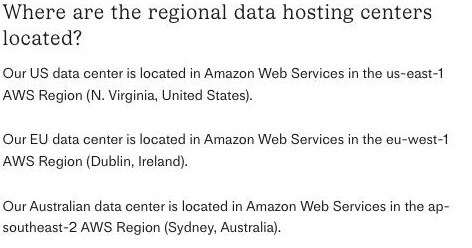 Intercom's Regional Data Hosting help article listing its data centers in AWS us-east-1 (N. Virginia), eu-west-1 (Dublin, Ireland) and ap-southeast-2 (Sydney, Australia), with no mainland-China region