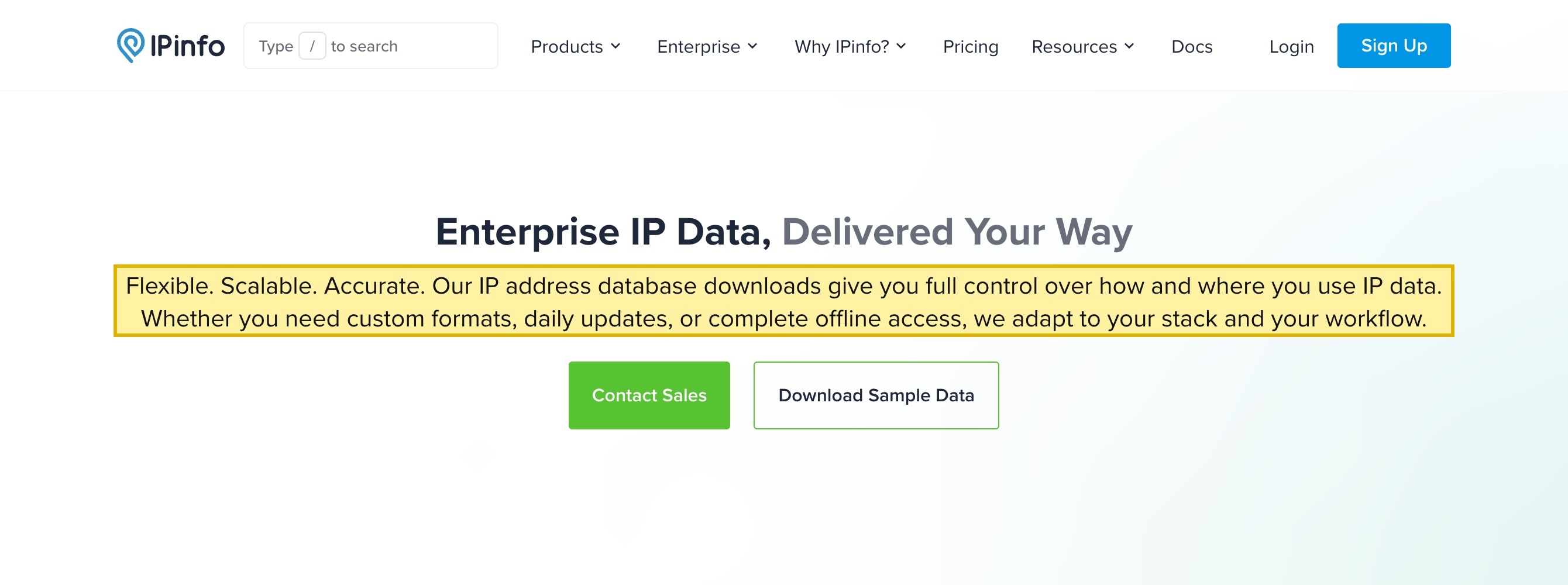 IPinfo's IP Address Database Downloads product page, showing that the datasets are offered for offline, self-hosted use in MMDB, CSV, JSON, and Parquet formats so resolution can run on infrastructure you control
