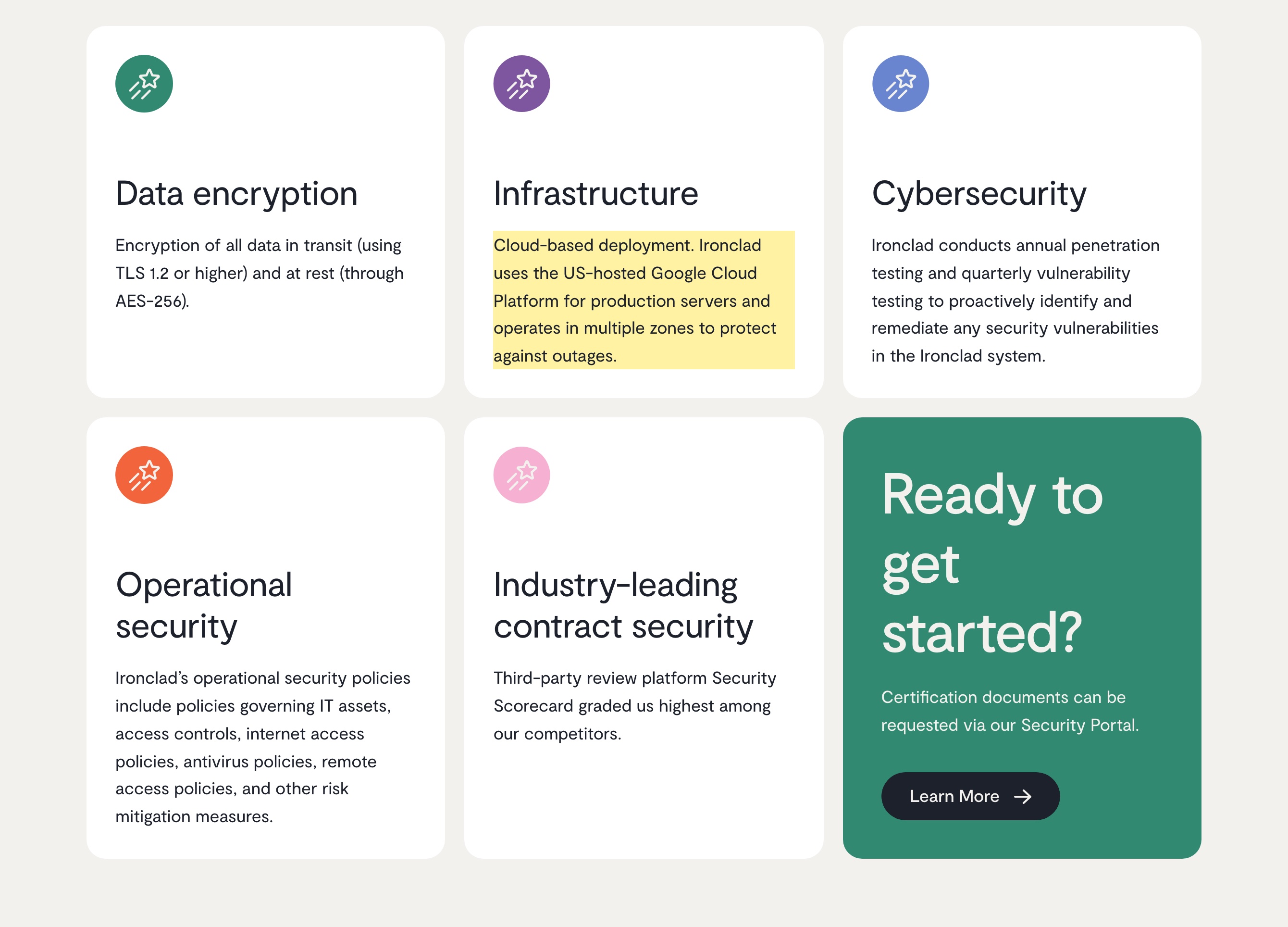 Ironclad's own Security page stating that Ironclad uses the US-hosted Google Cloud Platform for production servers and operates in multiple zones to protect against outages, with no mainland-China region named