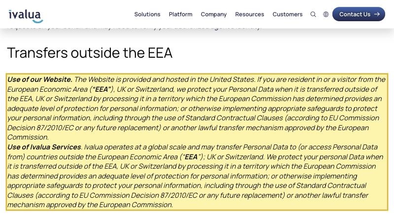 Ivalua's own privacy policy stating that Ivalua operates at a global scale and may transfer personal data to or access it from countries outside the EEA, UK or Switzerland, with its website hosted in the United States and no mainland-China region