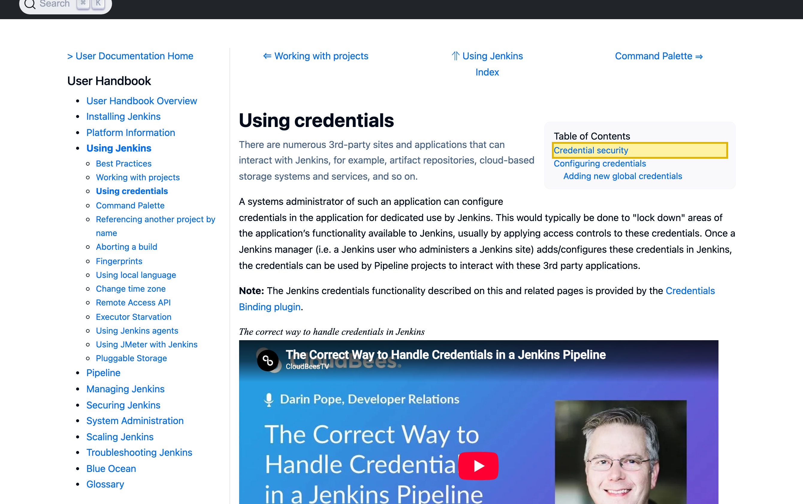 The Jenkins user documentation 'Using credentials' page, 'Credential security' section, stating that credentials configured in Jenkins are stored in an encrypted form on the controller, encrypted by the Jenkins controller ID