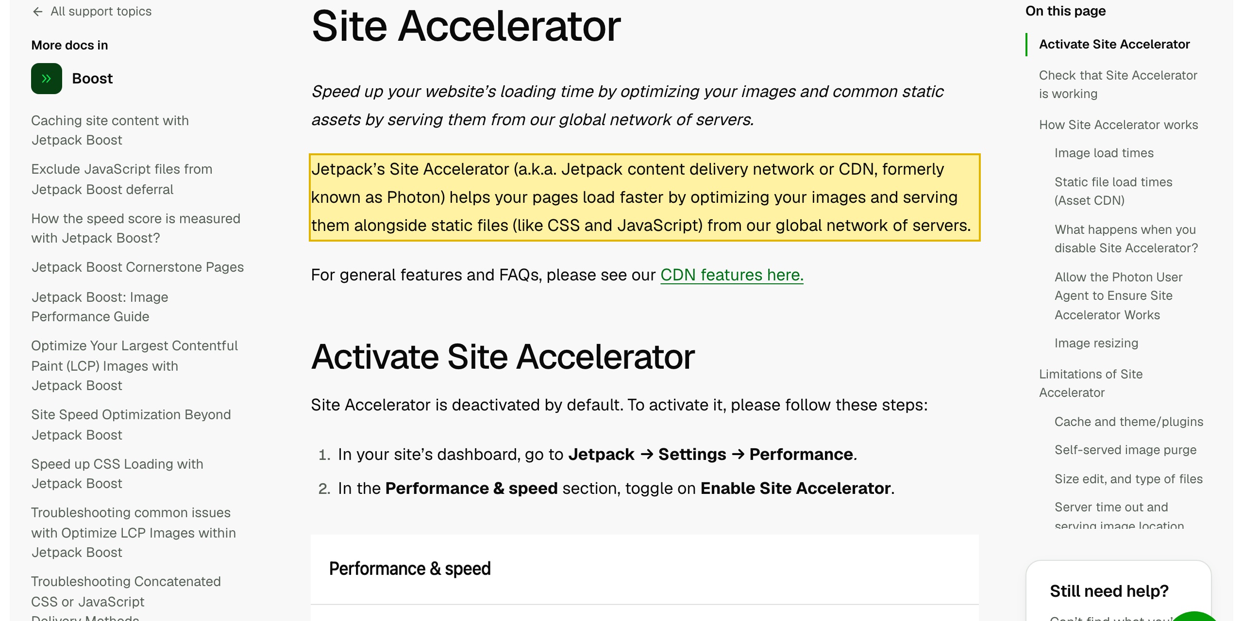 JetpackのSite Acceleratorサポートページ。画像を最適化し、Automatticの世界的なサーバー網から静的ファイルとともに配信するCDNとして説明され、中国本土に拠点はない