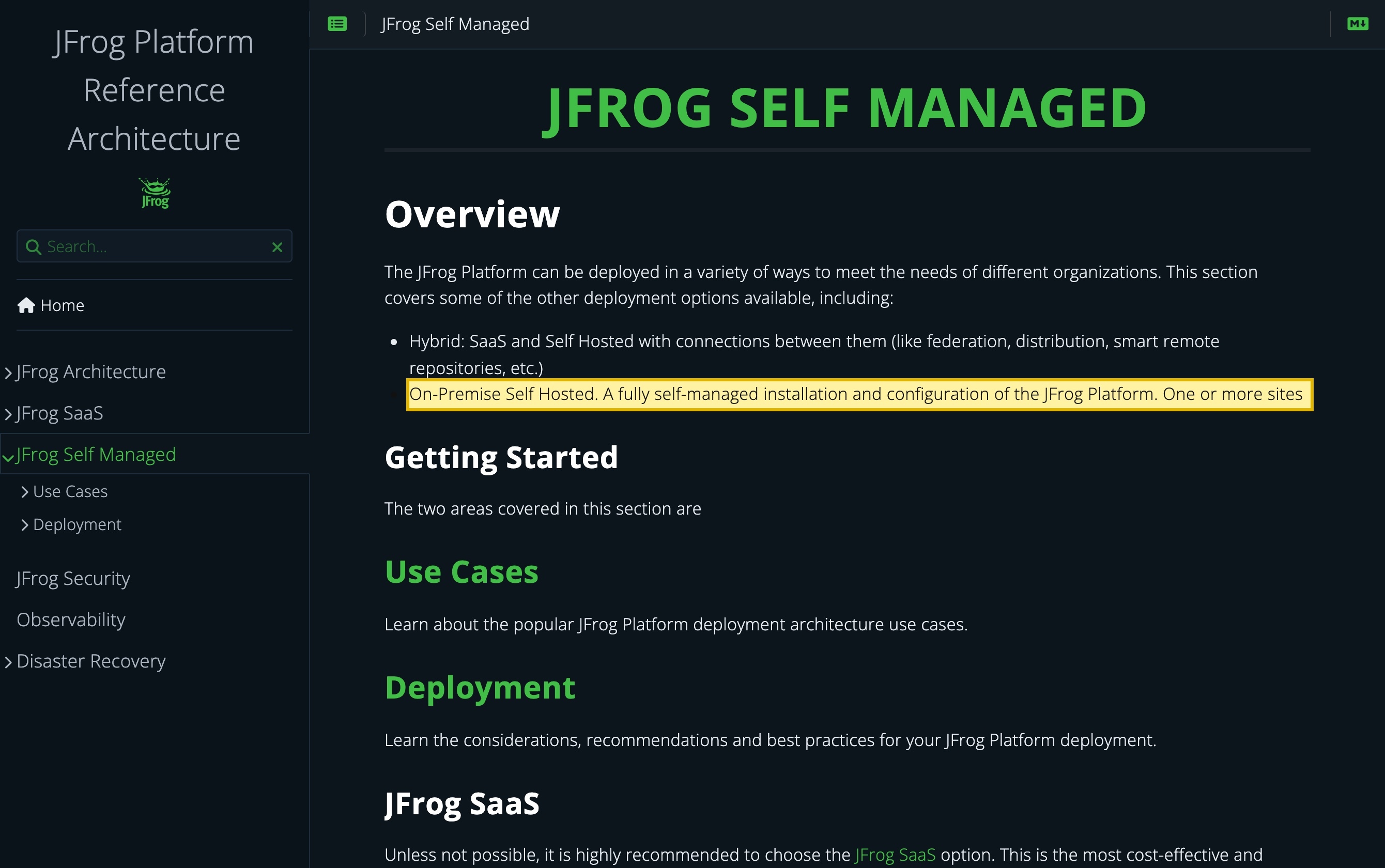 JFrog Platform Reference Architecture page for JFrog Self Managed, stating that On-Premise Self Hosted is a fully self-managed installation and configuration of the JFrog Platform — confirming Artifactory ships a self-hosted edition customers can run on their own in-country infrastructure
