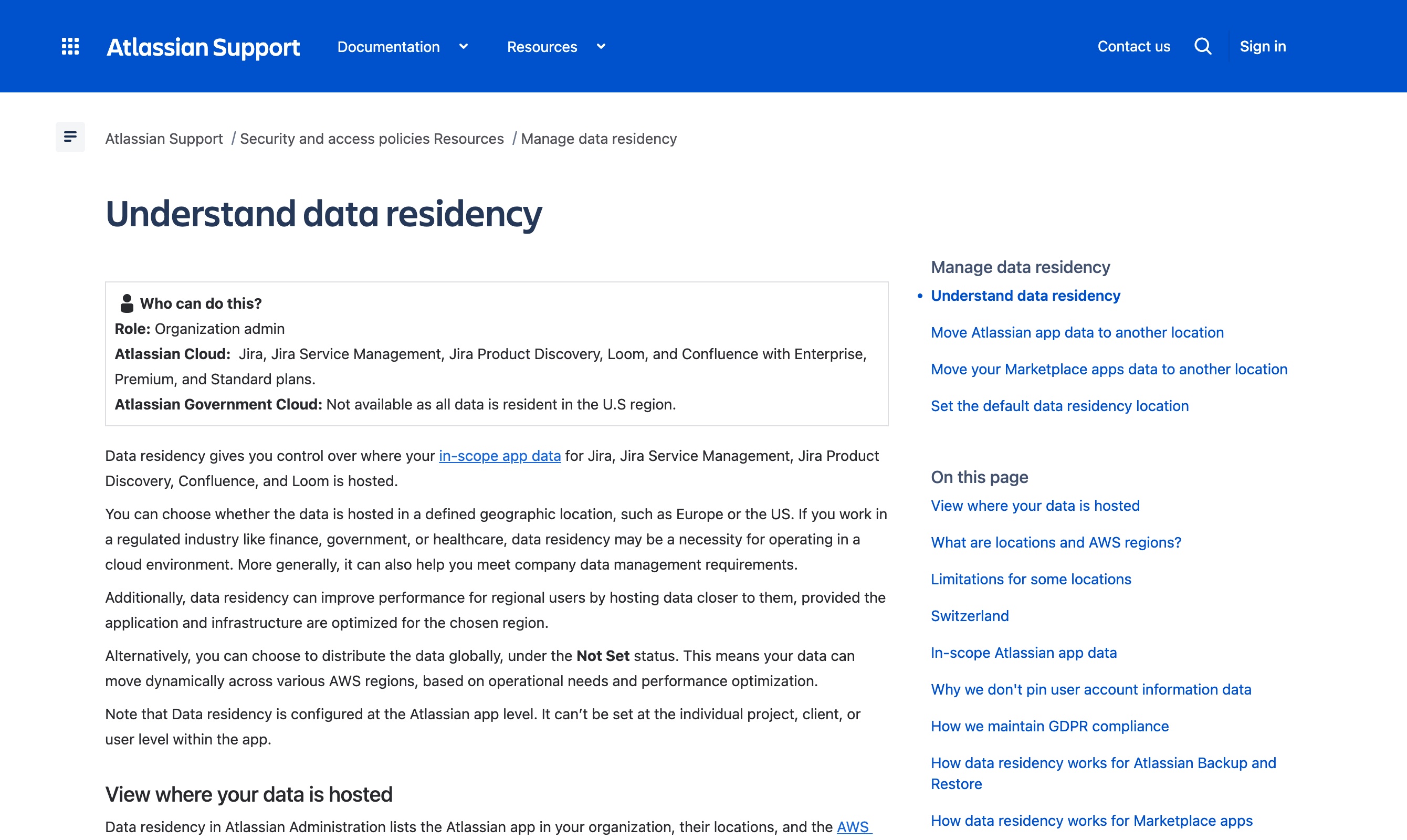 Atlassian's own data-residency documentation, naming Jira Service Management among the products it covers and listing the locations you can pin Atlassian Cloud data to — Australia, Canada, the EU, Germany, India, Japan, Singapore, South Korea, Switzerland, the United Kingdom and the USA, plus a Global default — with mainland China absent from the list.