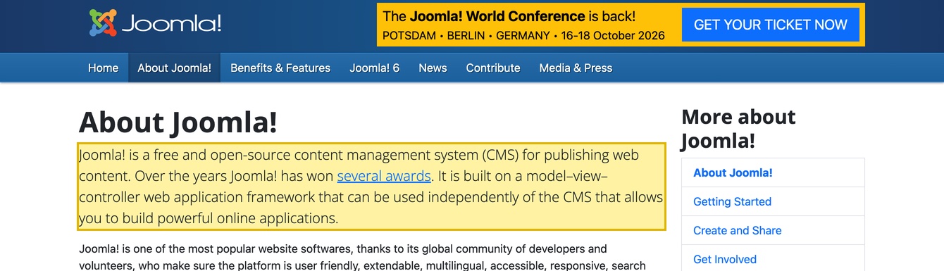 Joomla's own About page stating that Joomla is a free and open-source content management system, based on PHP and MySQL, that you download and host yourself under the GPL license