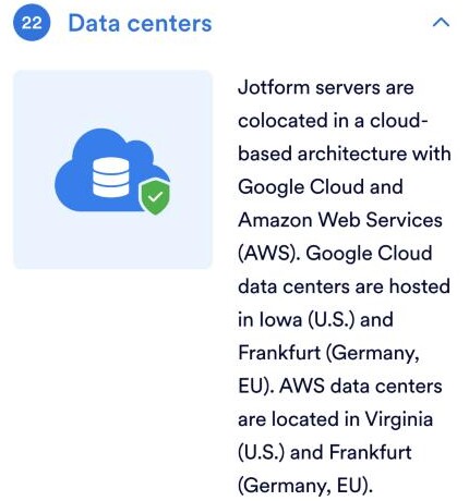 Jotform Enterprise Securityページ。Google CloudとAmazon Web Servicesにコロケーションされ、Google Cloudのデータセンターはアイオワ（米国）とフランクフルト（ドイツ・EU）、AWSのデータセンターはバージニア（米国）とフランクフルト（ドイツ・EU）にあると説明——中国本土の所在地はない