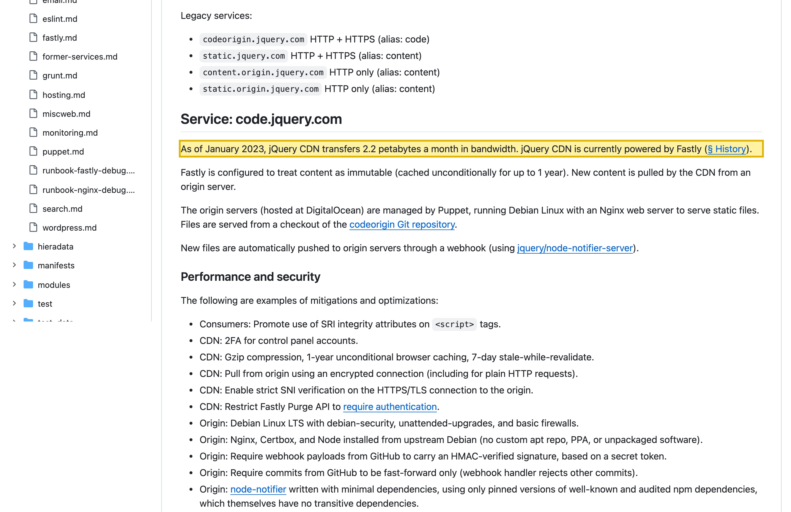 jQuery's own infrastructure documentation stating that the jQuery CDN is currently powered by Fastly, that it migrated from StackPath to Fastly in September 2023, and that the origin servers are hosted at DigitalOcean running Nginx — an offshore global network with no point of presence inside mainland China