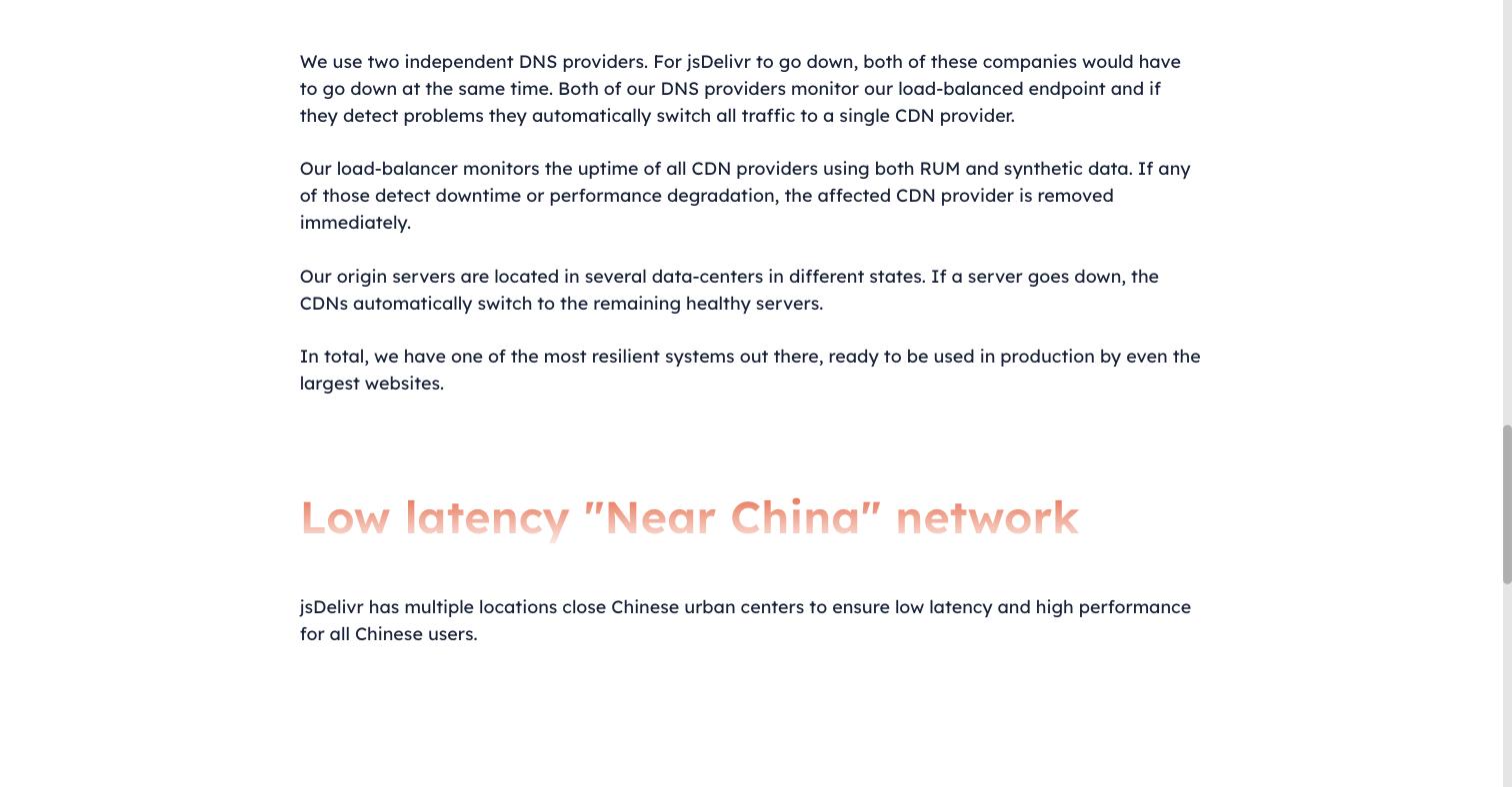jsDelivr's Our Network page showing a section titled Low latency Near China network, stating jsDelivr has multiple locations close to Chinese urban centers, with no point of presence listed inside mainland China