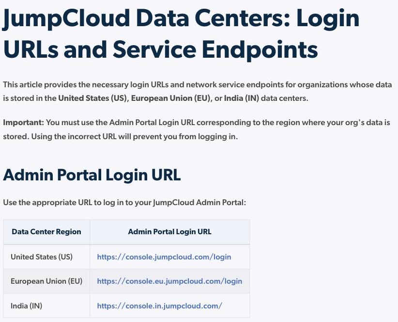 JumpCloud support article 'JumpCloud Data Centers: Login URLs and Service Endpoints' stating that it covers organizations whose data is stored in the United States (US), European Union (EU), or India (IN) data centers — naming three regions, none in mainland China