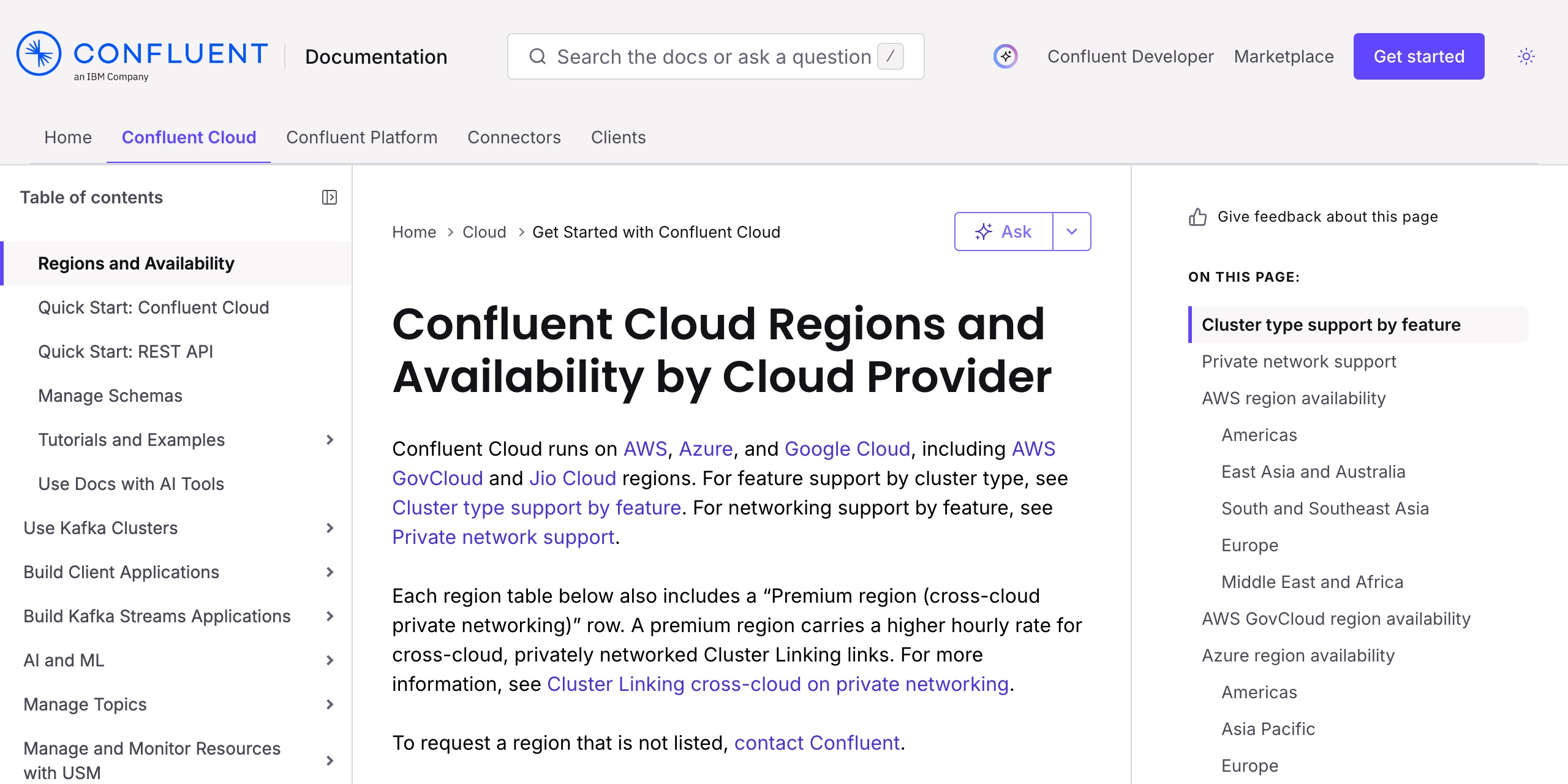 Confluent Cloud documentation page 'Cloud Providers and Regions for Confluent Cloud' showing the AWS region table with Asia-Pacific entries such as ap-east-1 Hong Kong, ap-northeast-1 Tokyo, ap-northeast-3 Osaka, ap-northeast-2 Seoul and ap-southeast-1 Singapore — with no mainland-China region (no Beijing, Shanghai, Ningxia or cn-north region) anywhere in the list