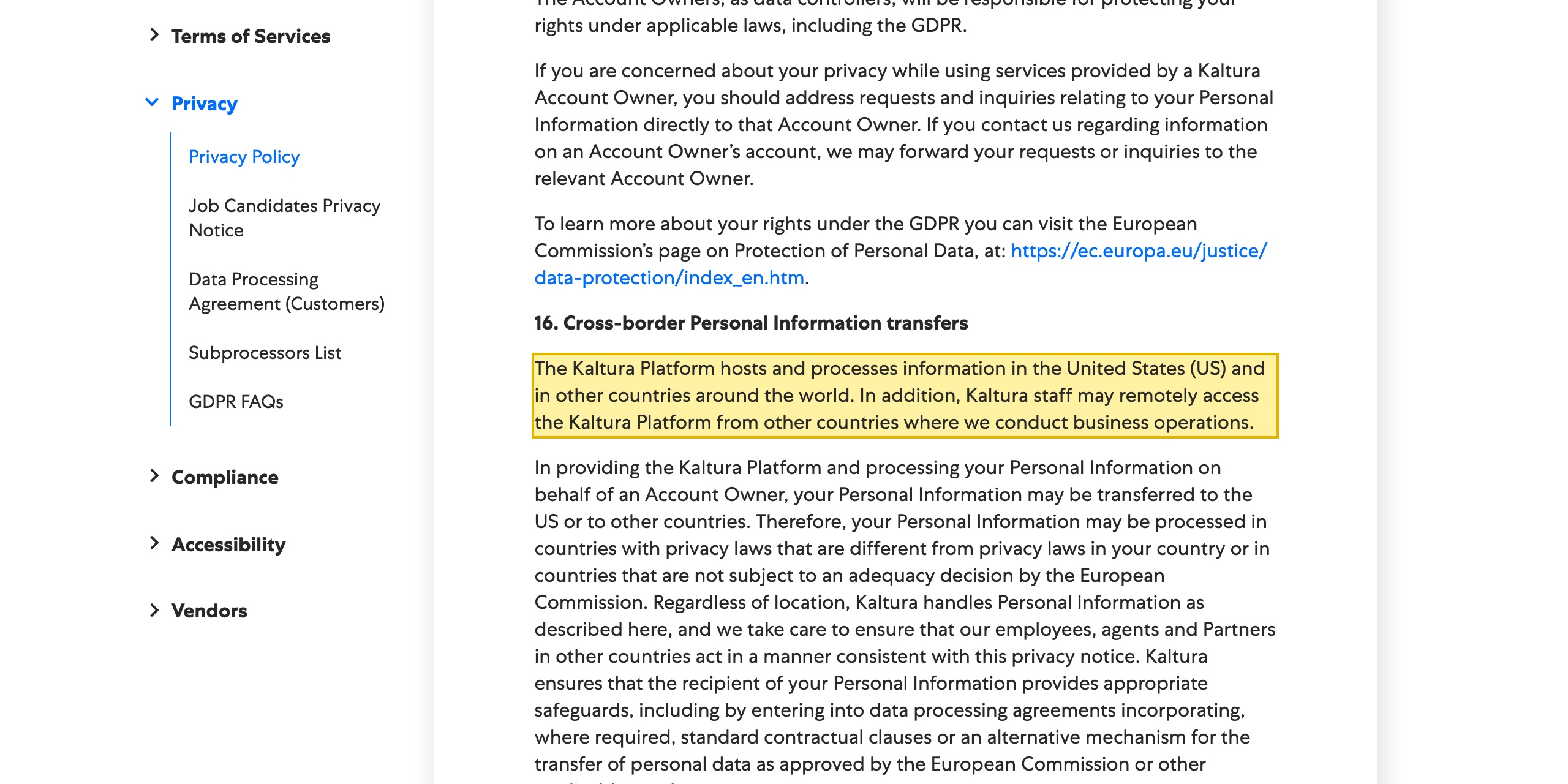 KalturaのプライバシーポリシーのCross-border Personal Information transfers（越境個人情報移転）の節。Kaltura Platformは情報を米国および世界の他国でホスト・処理すると記載