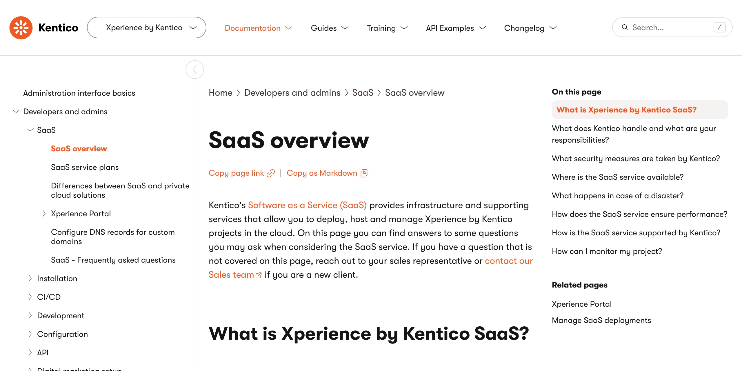 Kentico's SaaS overview documentation, 'Where is the SaaS service available?' section, listing the twenty supported Azure regions — East US through UAE North, including East Asia and Southeast Asia — with no mainland-China region