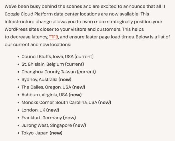 Kinsta's Google Cloud Platform data center locations list showing Asia-Pacific sites in Changhua County (Taiwan), Tokyo (Japan) and Jurong West (Singapore), with no location in mainland China