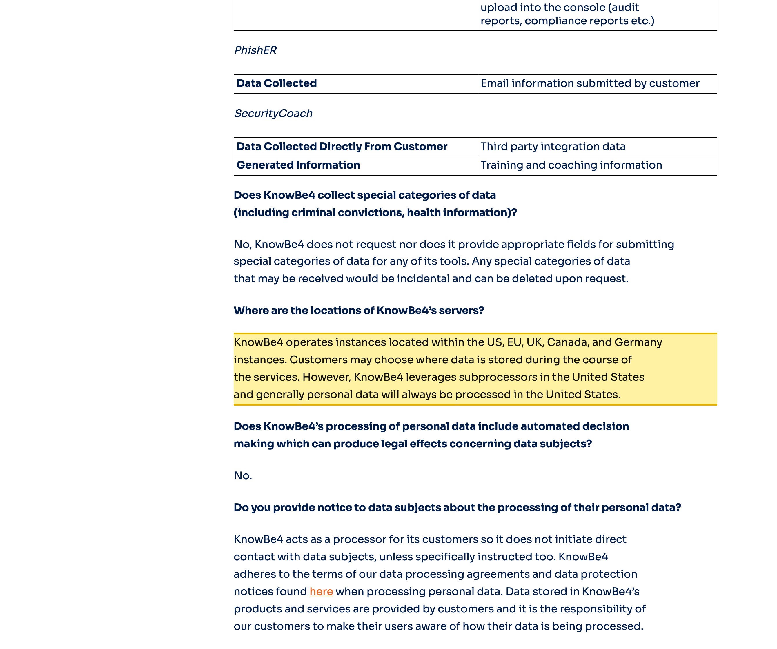 KnowBe4's Data Protection Impact Assessment listing its instance regions — US, EU, UK, Canada and Germany — with no mainland-China region