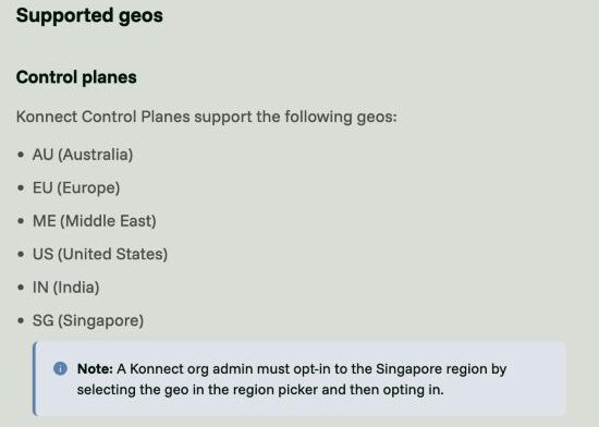 Kong Konnect Geographic Regions documentation listing the available control-plane geos — Australia, Europe, Middle East, United States, India and Singapore — with no mainland-China region