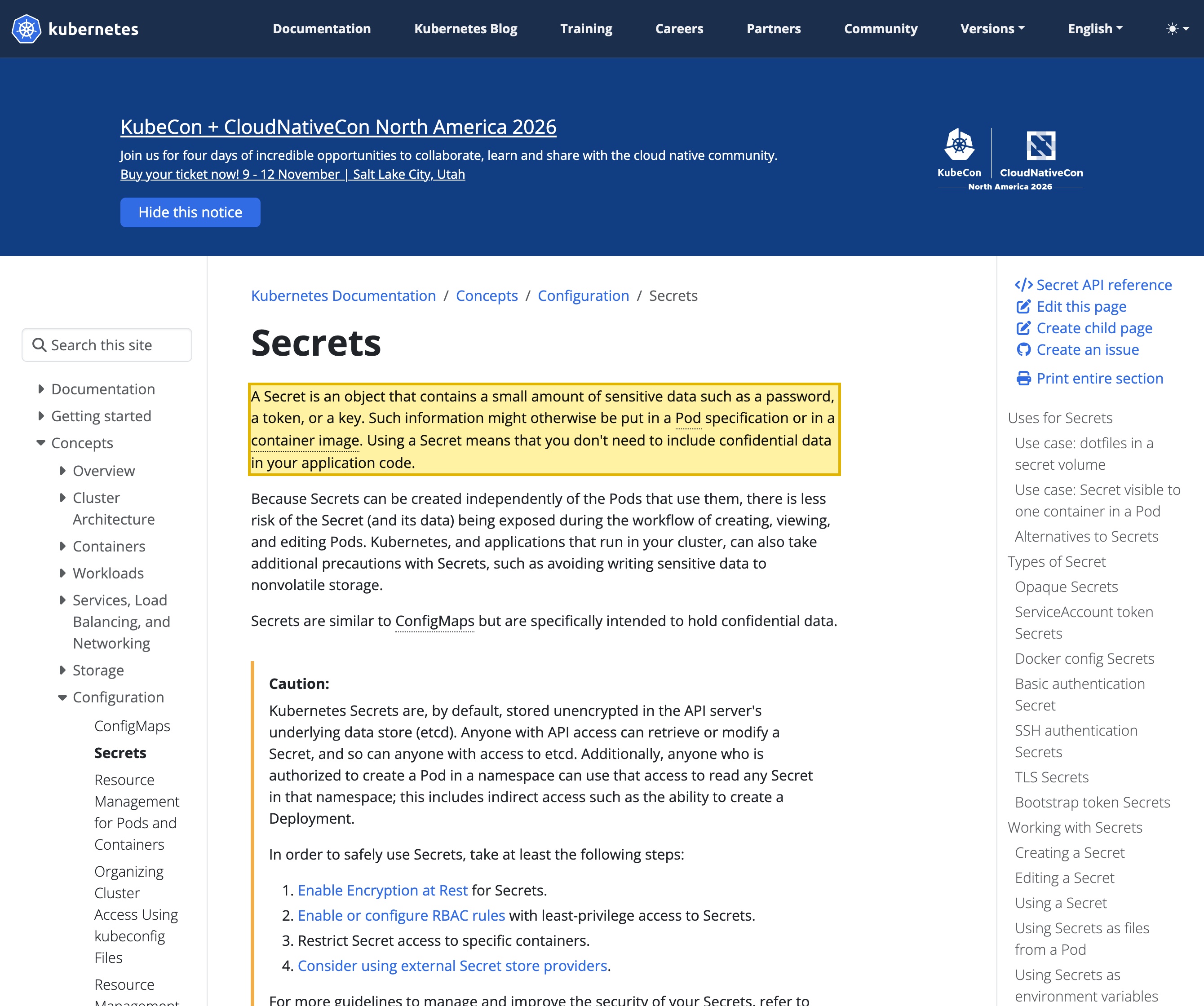 Kubernetes official documentation page defining a Secret as an object that contains a small amount of sensitive data such as a password, a token, or a key, confirming that a Kubernetes cluster stores sensitive credential material