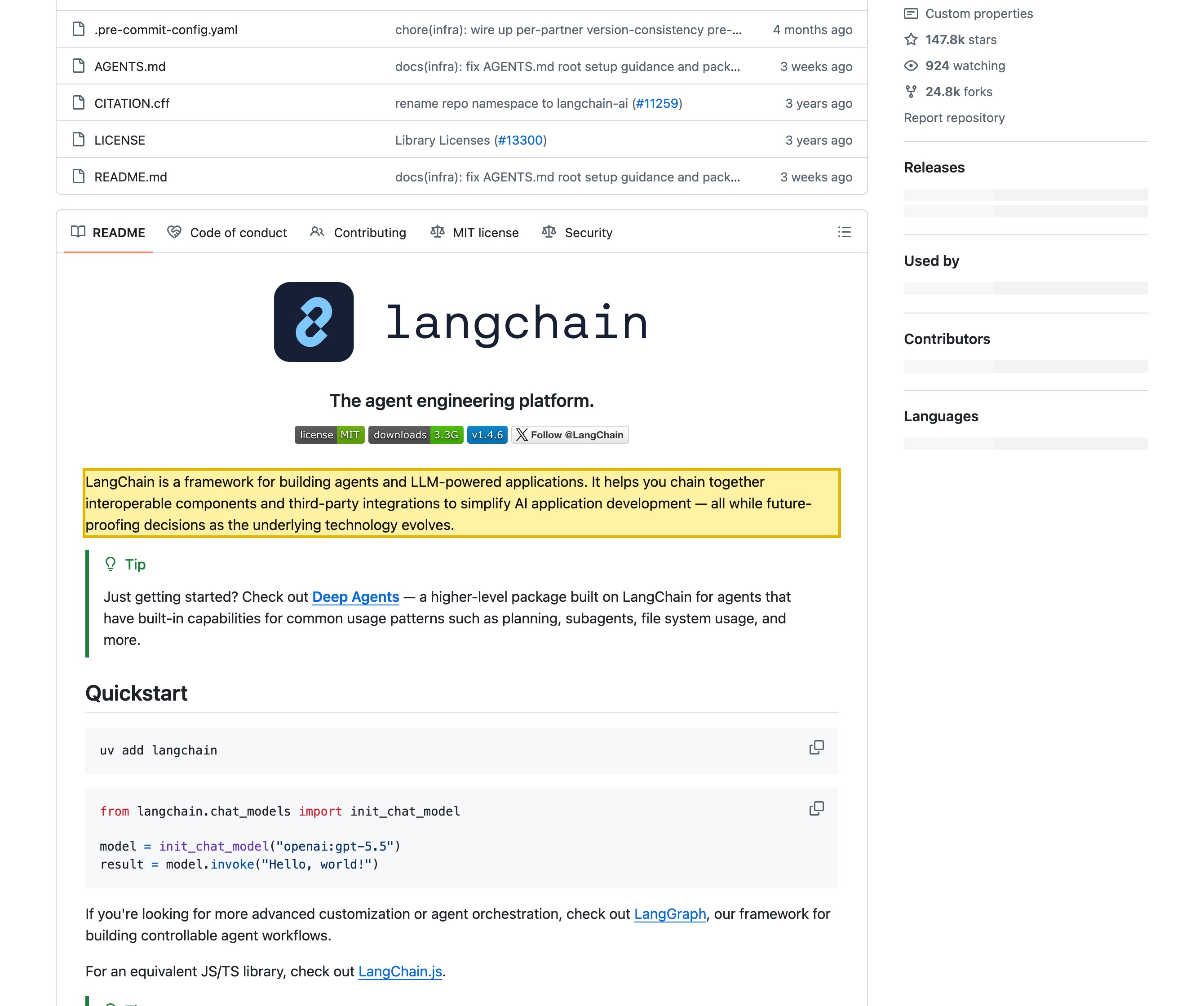 LangChain's GitHub repository, showing the README opening sentence describing it as a framework for building agents and LLM-powered applications, with an MIT license label in the About panel