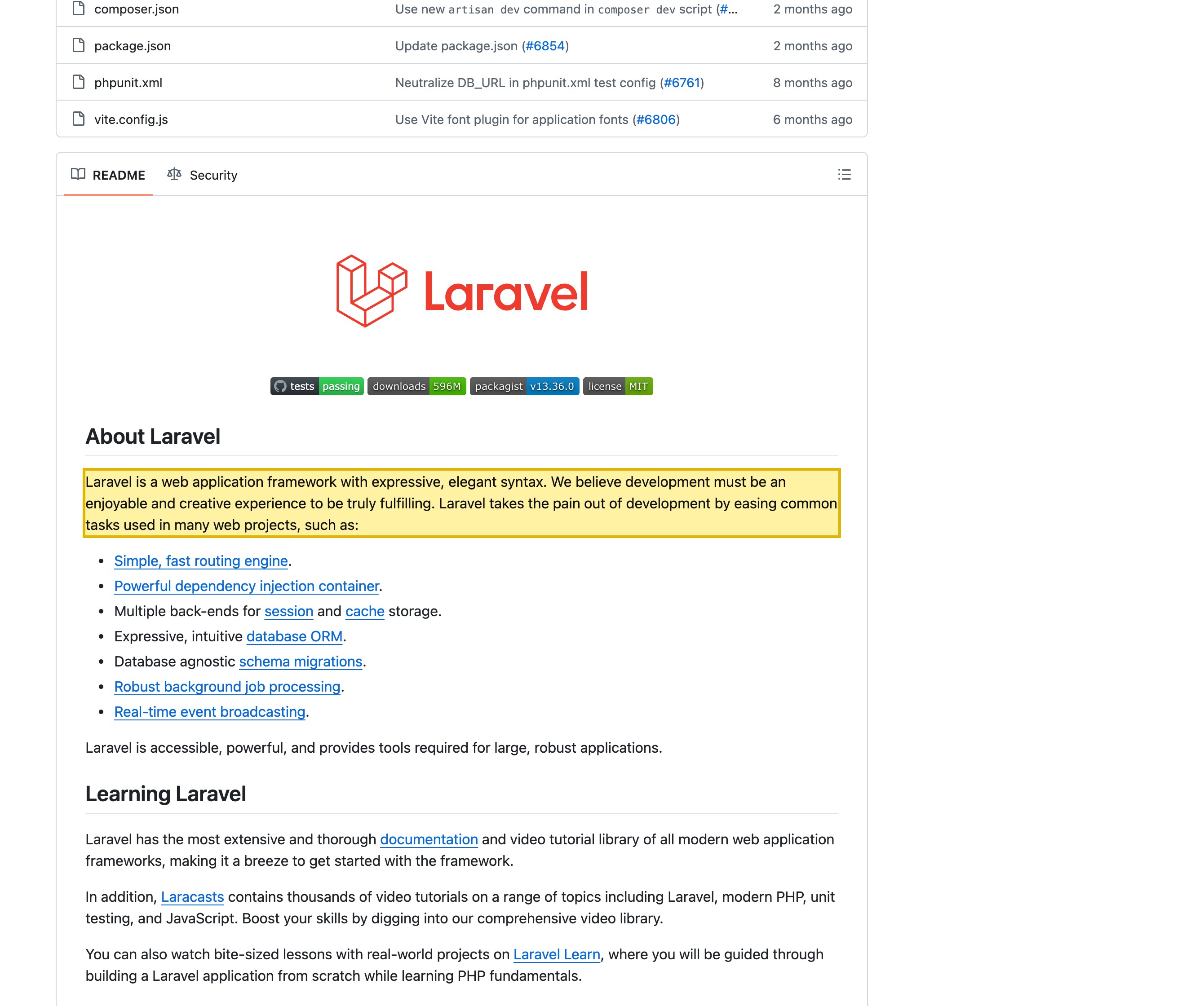 Laravel's GitHub repository README, the 'About Laravel' section, showing the opening sentence that describes Laravel as a web application framework with expressive, elegant syntax