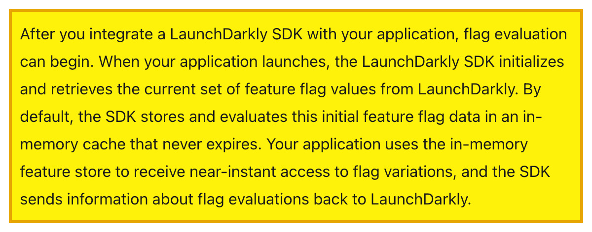 LaunchDarkly's architecture documentation stating that a server-side SDK evaluates flags in an in-memory store, that the SDK sends information about flag evaluations back to LaunchDarkly, and that for the optional components you install and run yourself you control the data that flows in or out of them