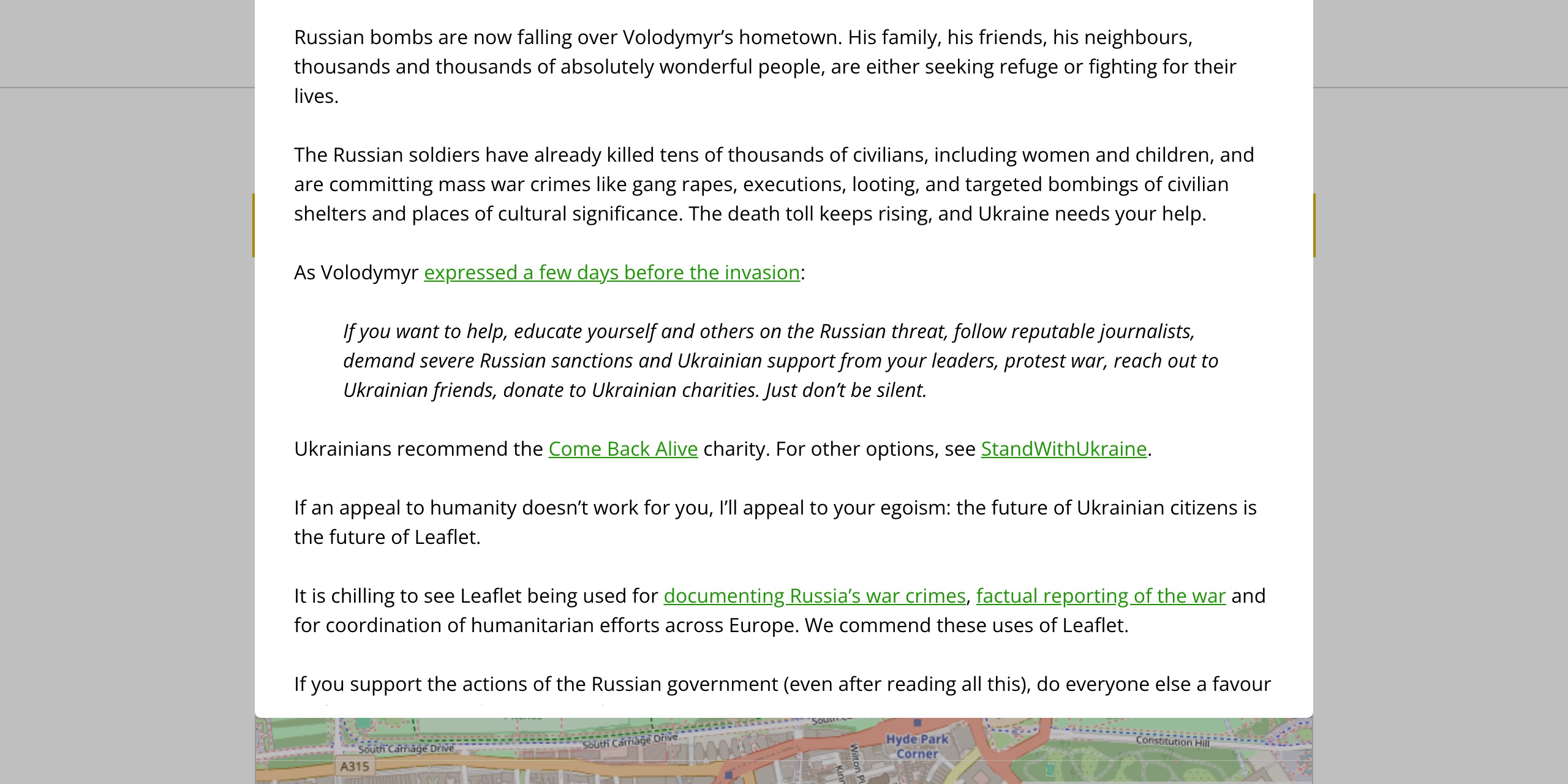 Leaflet's homepage describing it as the leading open-source JavaScript library for building powerful interactive maps, weighing about 42 KB of JS, alongside a code example that adds an OpenStreetMap tile layer