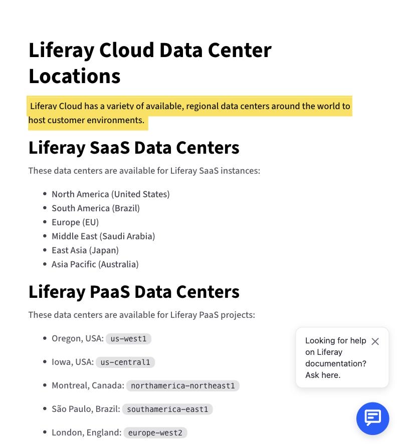 Liferay's Cloud Data Center Locations documentation listing the data centers available for Liferay SaaS instances — North America (United States), South America (Brazil), Europe (EU), Middle East (Saudi Arabia), East Asia (Japan) and Asia Pacific (Australia) — with no mainland-China region