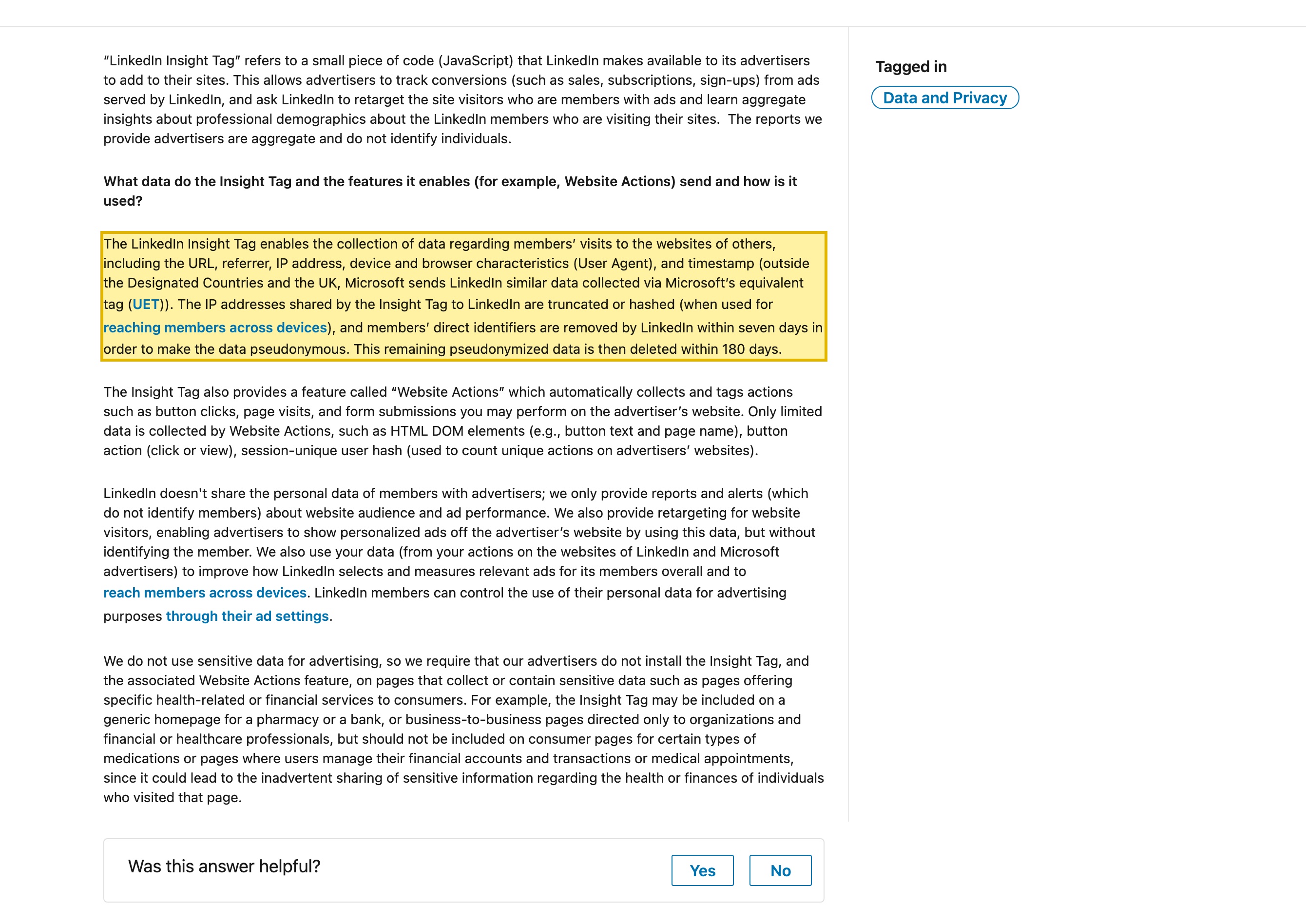 LinkedIn Help page 'Data from others: LinkedIn Insight Tag and Website Actions' stating that the Insight Tag enables the collection of data regarding members' visits to the websites of others, including the URL, referrer, IP address, device and browser characteristics (User Agent), and timestamp