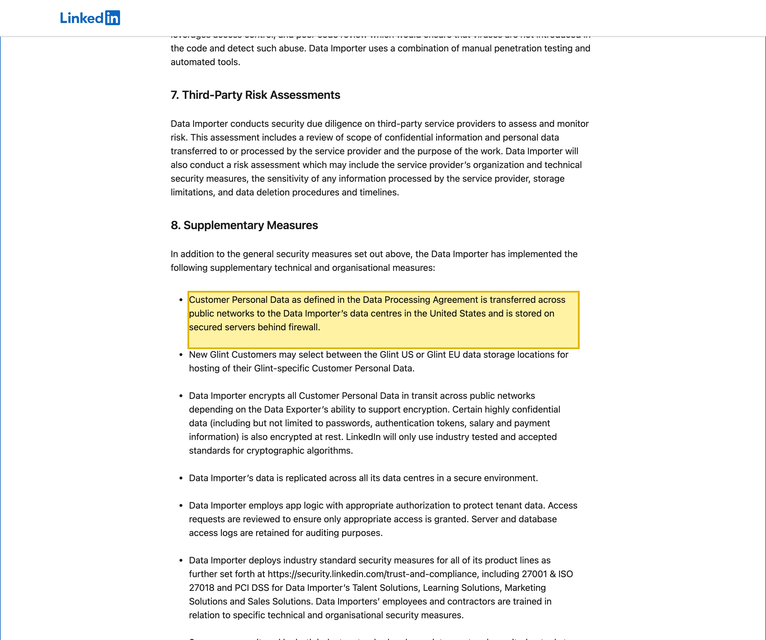 LinkedIn's enterprise Data Processing Agreement, Schedule D 'Supplementary Measures' section, stating that Customer Personal Data is transferred across public networks to the Data Importer's data centres in the United States and stored on secured servers behind firewall, naming no mainland-China hosting location